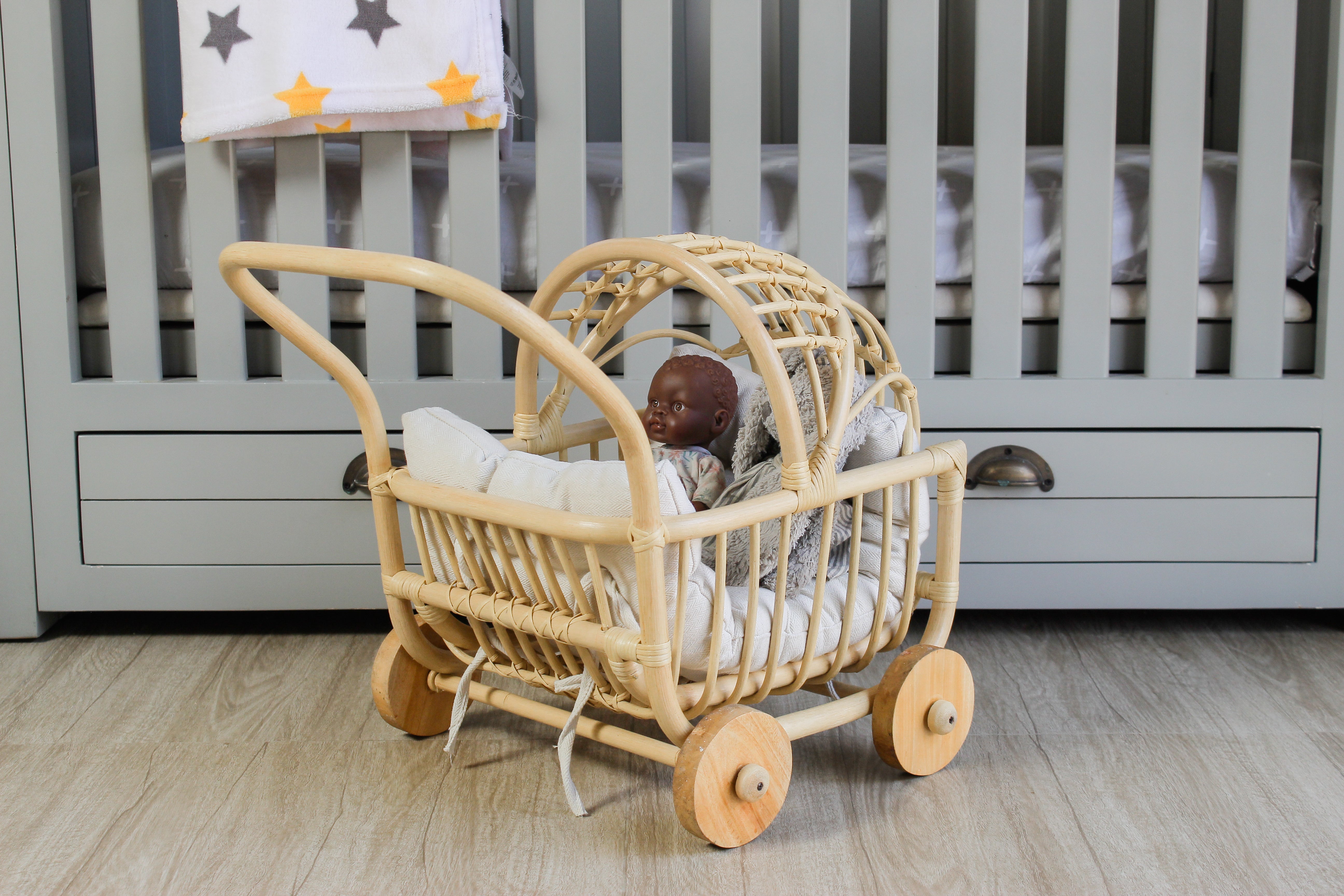 Lullaby Rattan Rattan Doll Stroller – Handmade Boho Doll Pram for Imaginative Play