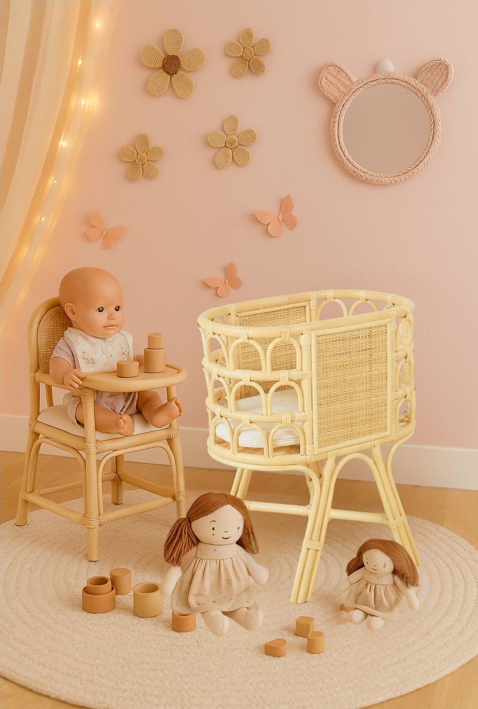 Lullaby Rattan Rattan Doll Crib – Handmade Wicker Doll Bed, Boho Montessori Toy Bassinet for Girls