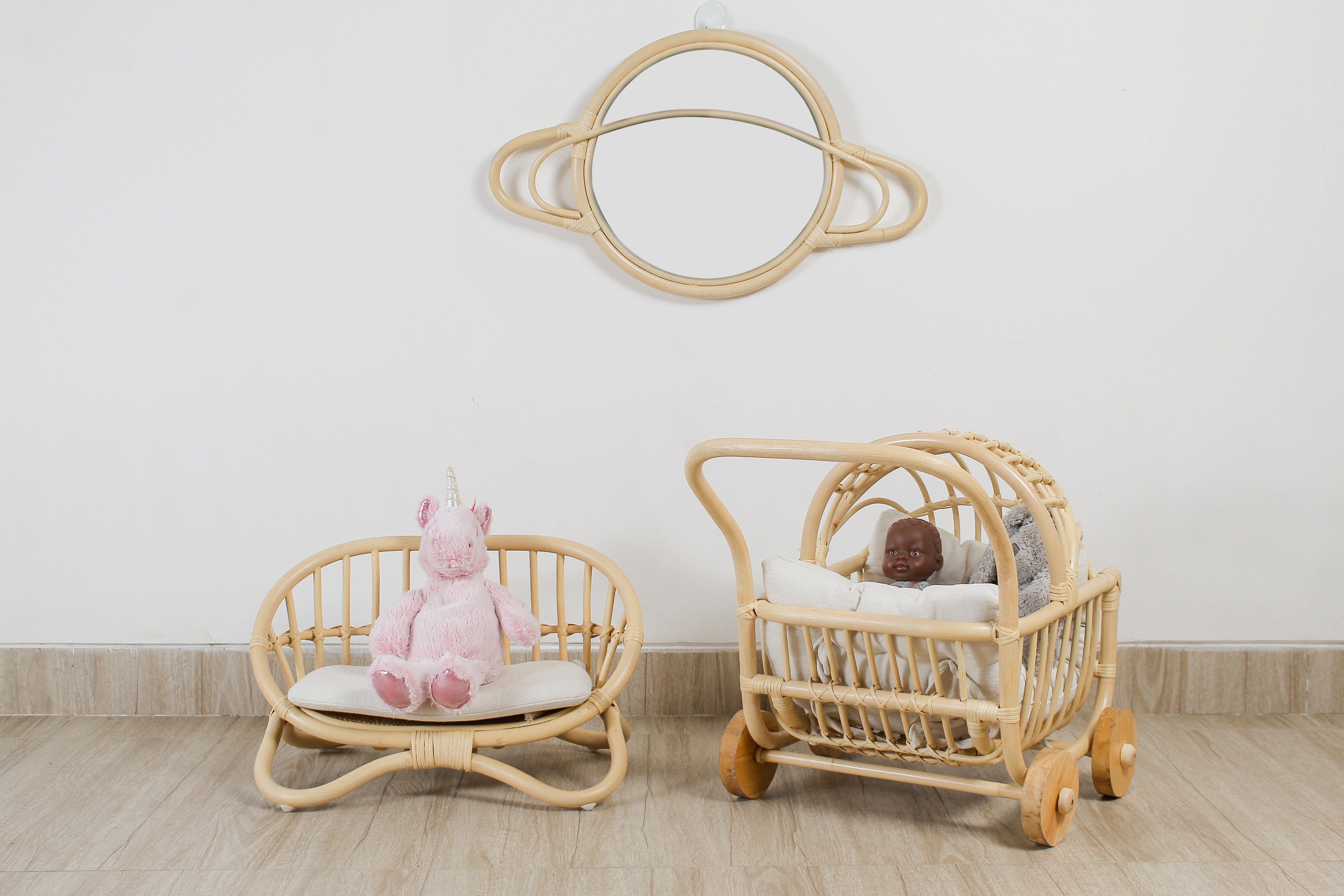 Lullaby Rattan Rattan Doll Stroller – Handmade Boho Doll Pram for Imaginative Play