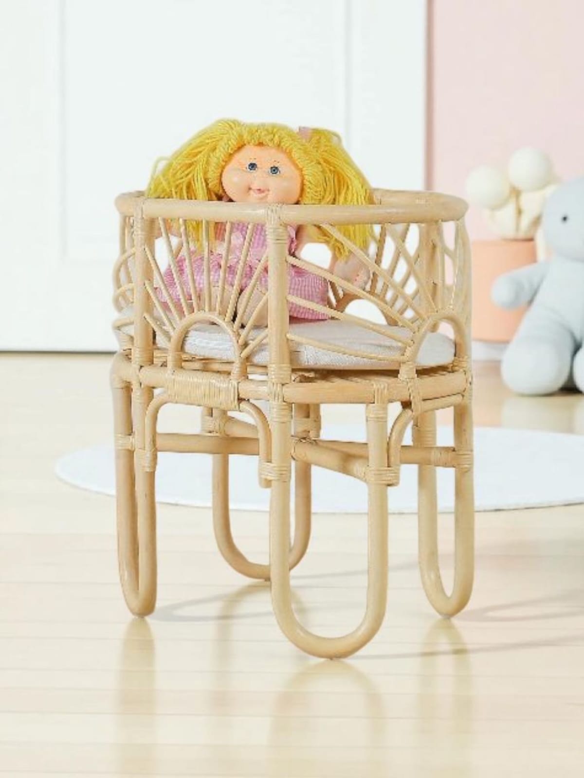 Lullaby Rattan Pretend Play Doll Crib – Handmade Toy Bassinet for Girls Toys