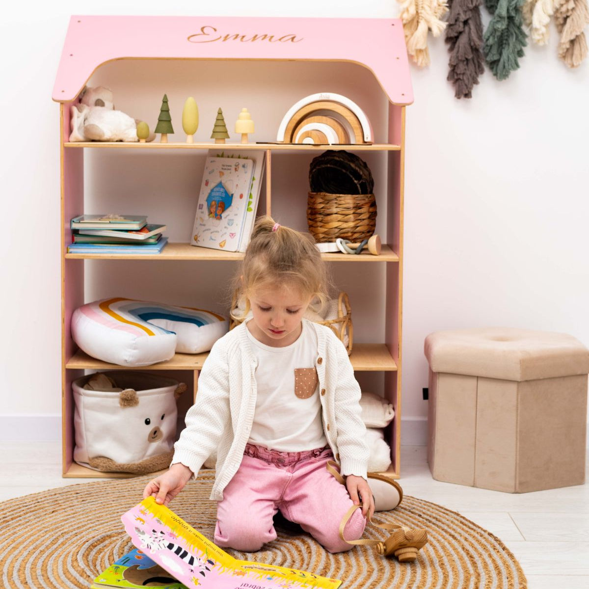 Enjoy the Wood Pink Dollhouse Bookcase