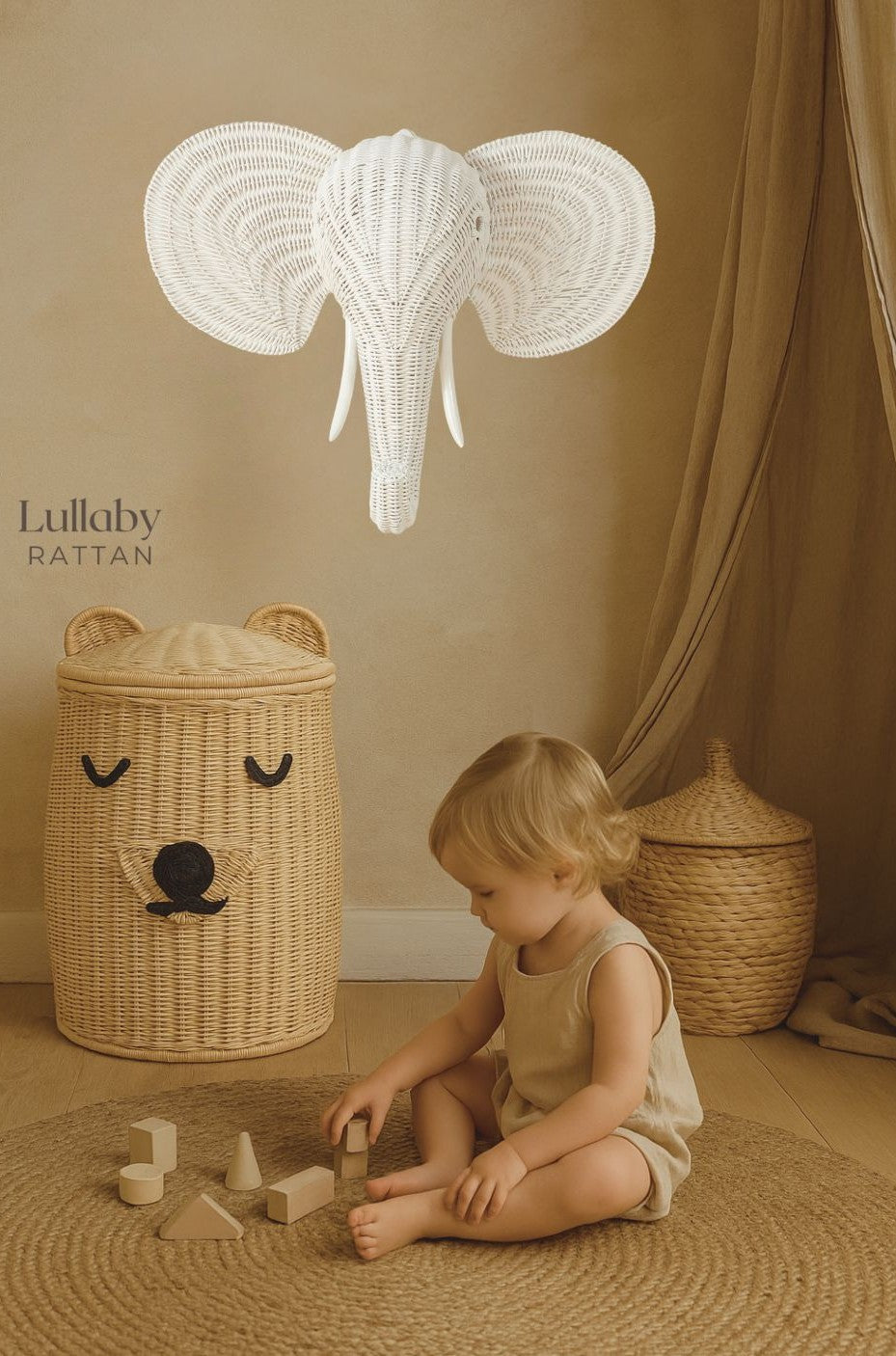 Lullaby Rattan Rattan Elephant Wall Decor – Safari Nursery Wall Art | Boho Kids Room Animal Head | Handmade Natural Rattan Décor