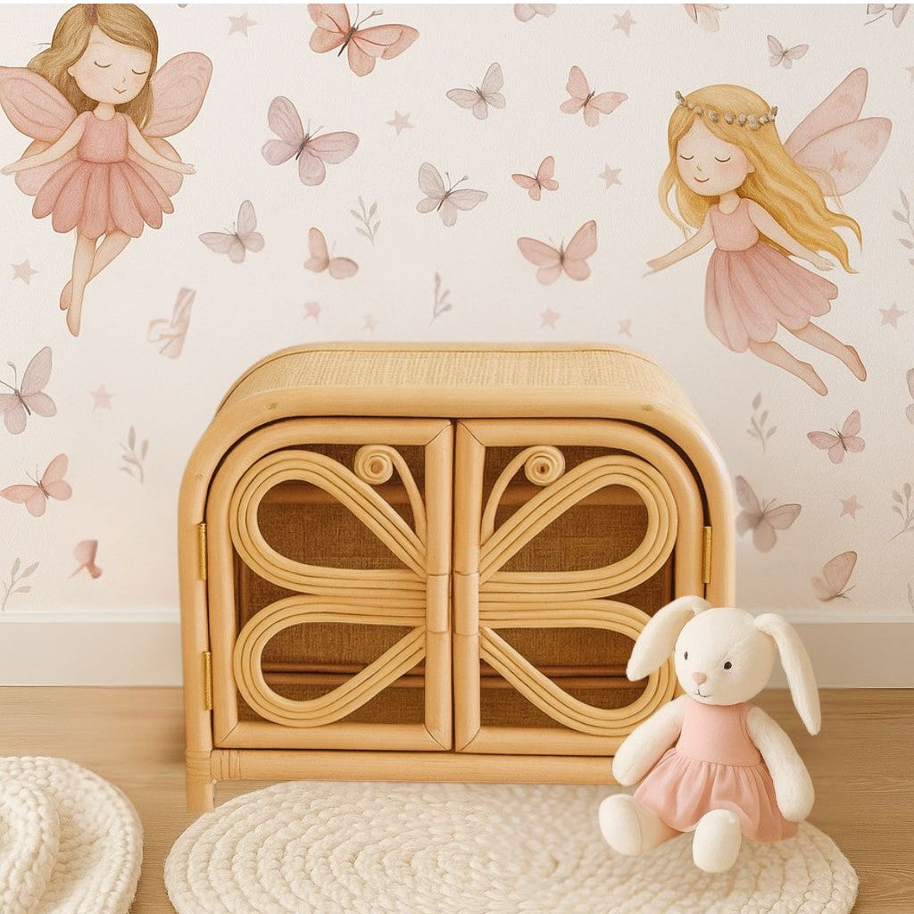 Lullaby Rattan Rattan Doll Clothes Wardrobe | Boho Butterfly Dresser for Kids | Eco-Friendly Nursery Decor