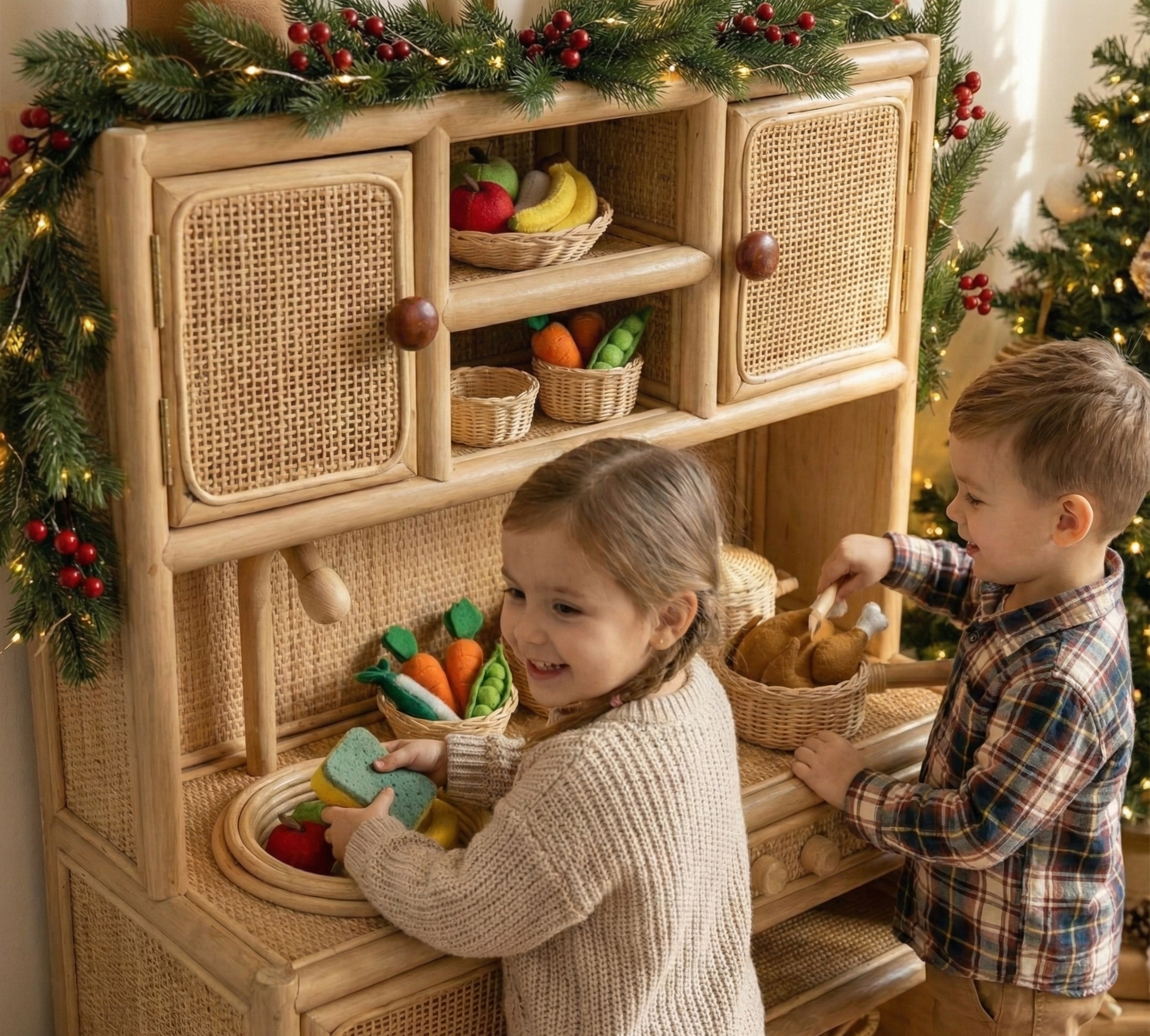 Lullaby Rattan Montessori-Style Rattan Play Kitchen | Natural Pretend Play Station with Storage