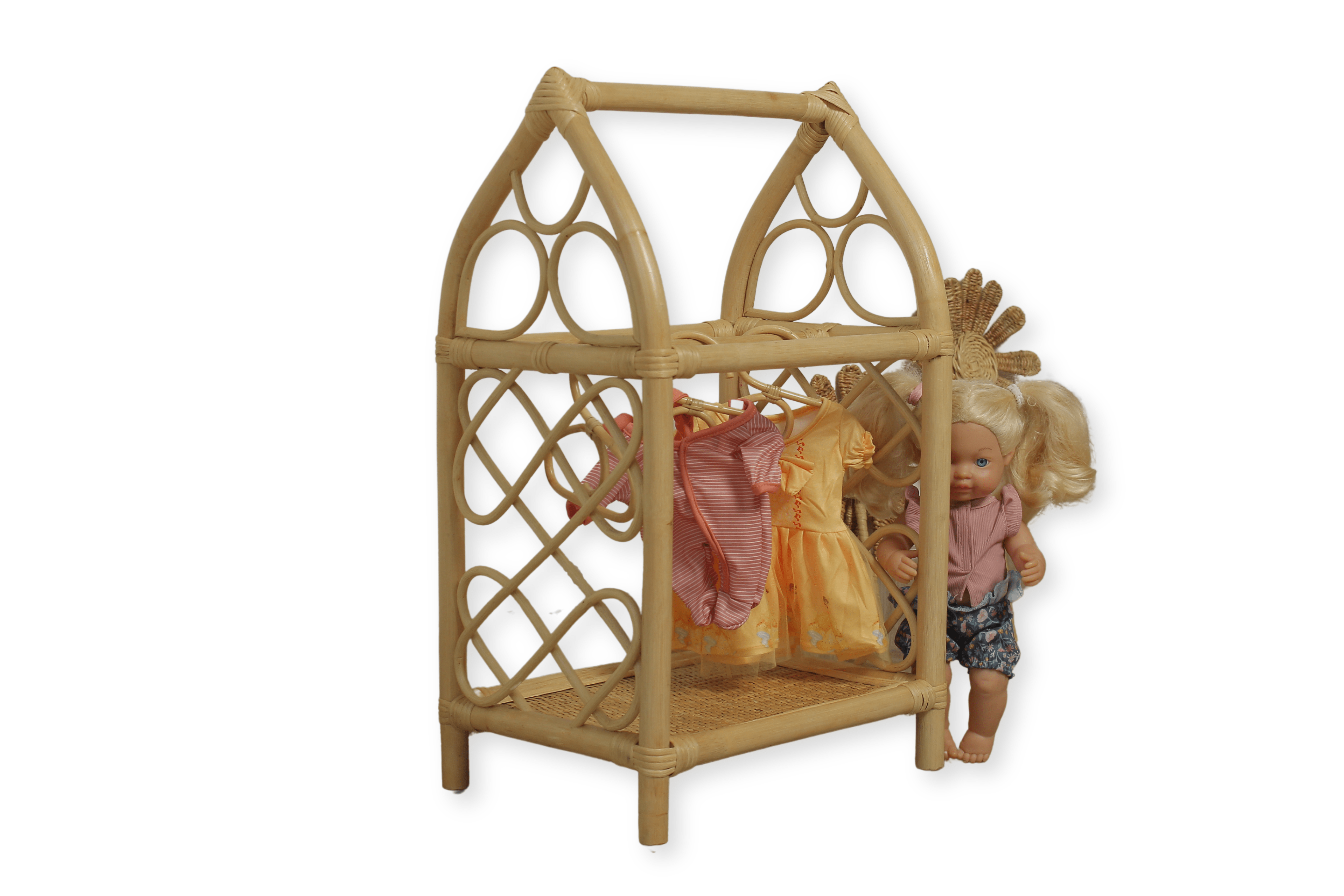 Lullaby Rattan Rattan Doll Clothes Rack with Mini Hangers – Boho Pretend Play Closet for Girls