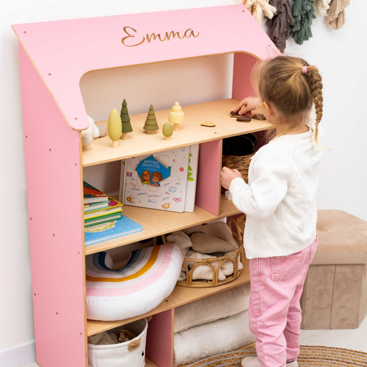 Enjoy the Wood Pink Dollhouse Bookcase