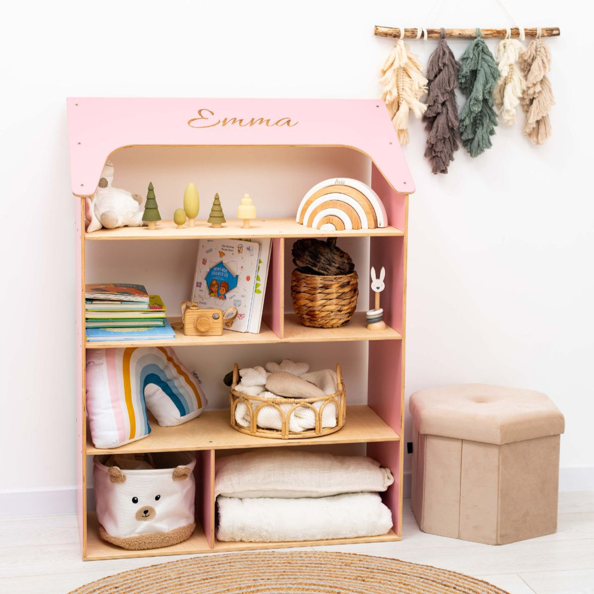 Enjoy the Wood Pink Dollhouse Bookcase