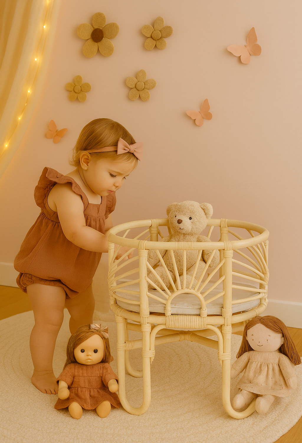 Lullaby Rattan Pretend Play Doll Crib – Handmade Toy Bassinet for Girls Toys