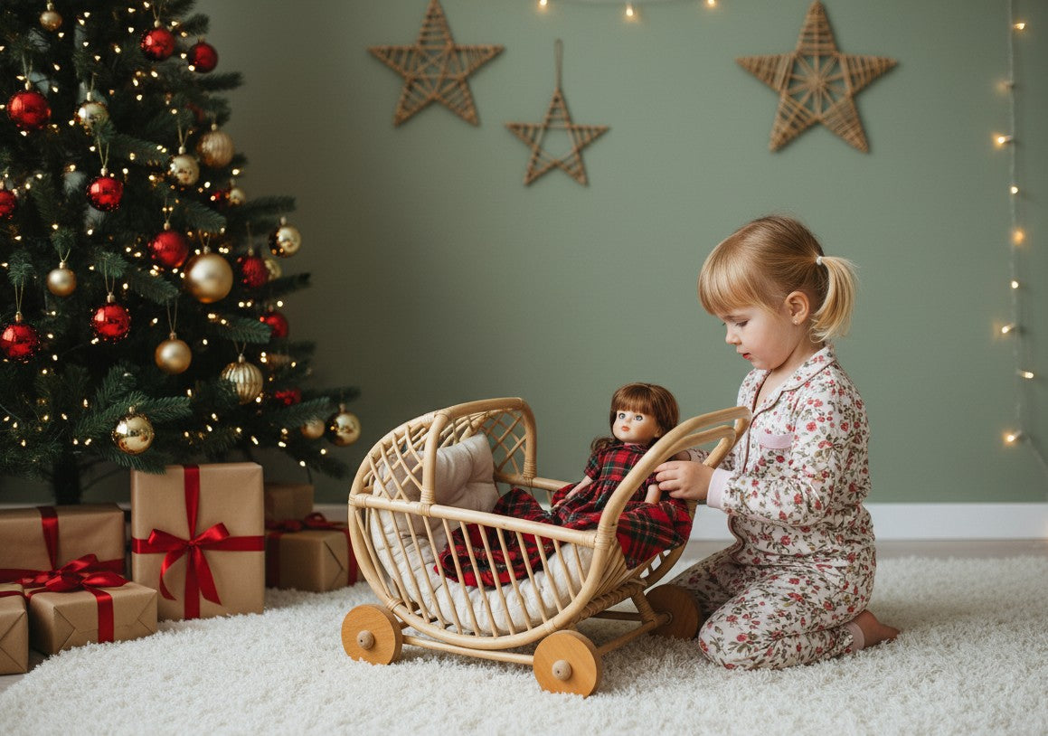 Lullaby Rattan Lullaby Rattan Doll Buggy – Handcrafted Boho Stroller for Little Girls Doll Pretend Play