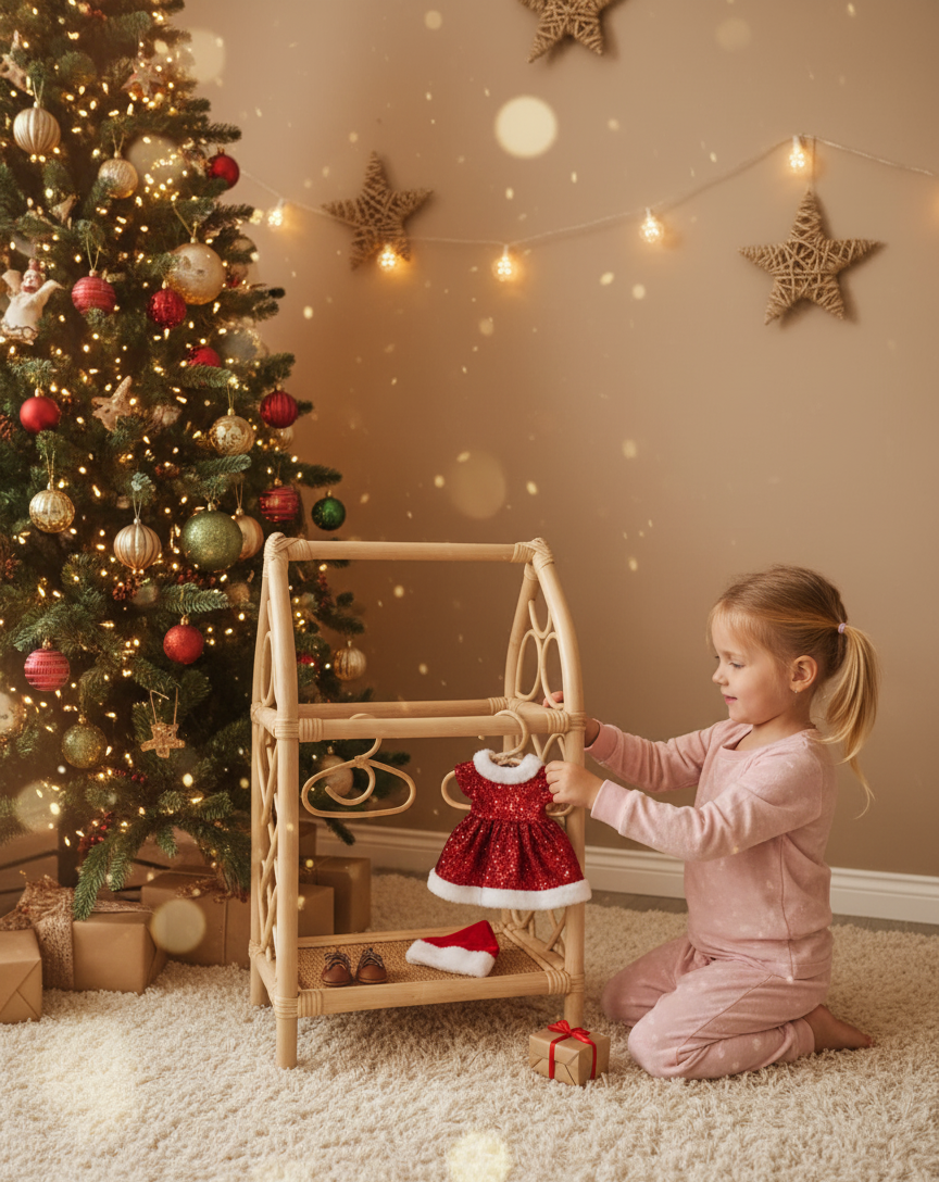Lullaby Rattan Rattan Doll Clothes Rack with Mini Hangers – Boho Pretend Play Closet for Girls