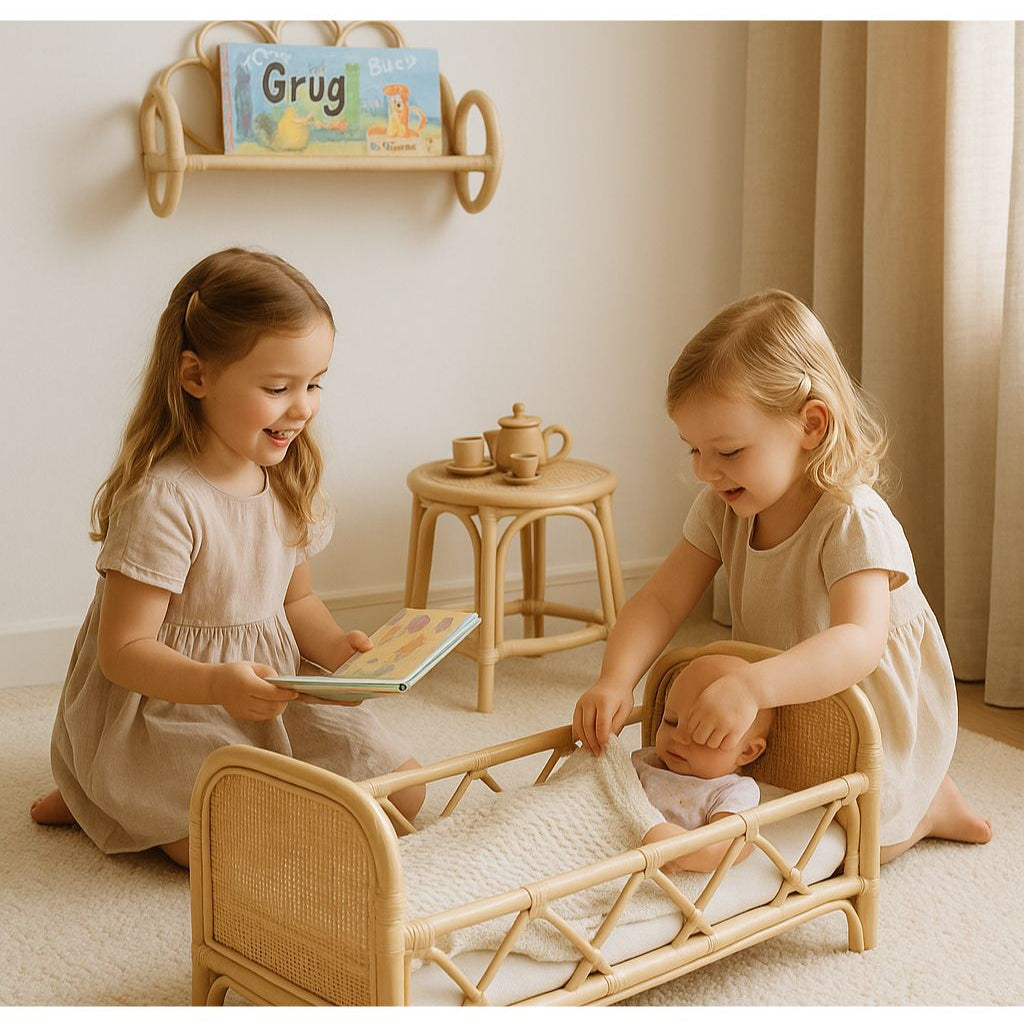 Lullaby Rattan Rattan Doll Bed – Boho Montessori Doll Furniture for Imaginative Play