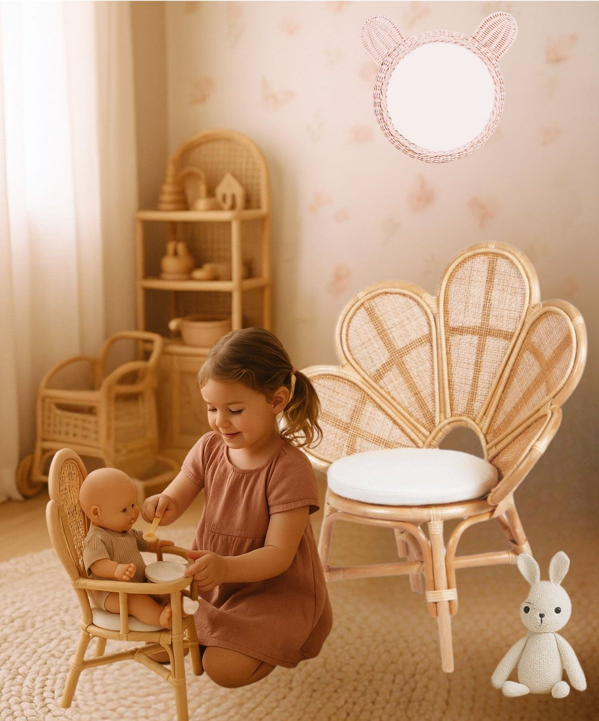 Lullaby Rattan Handmade Rattan Flower Chair for Kids – Blossom Bloom Rattan Chair – Handwoven Flower Chair for Kids and Dolls| Boho Nursery & Playroom Furniture