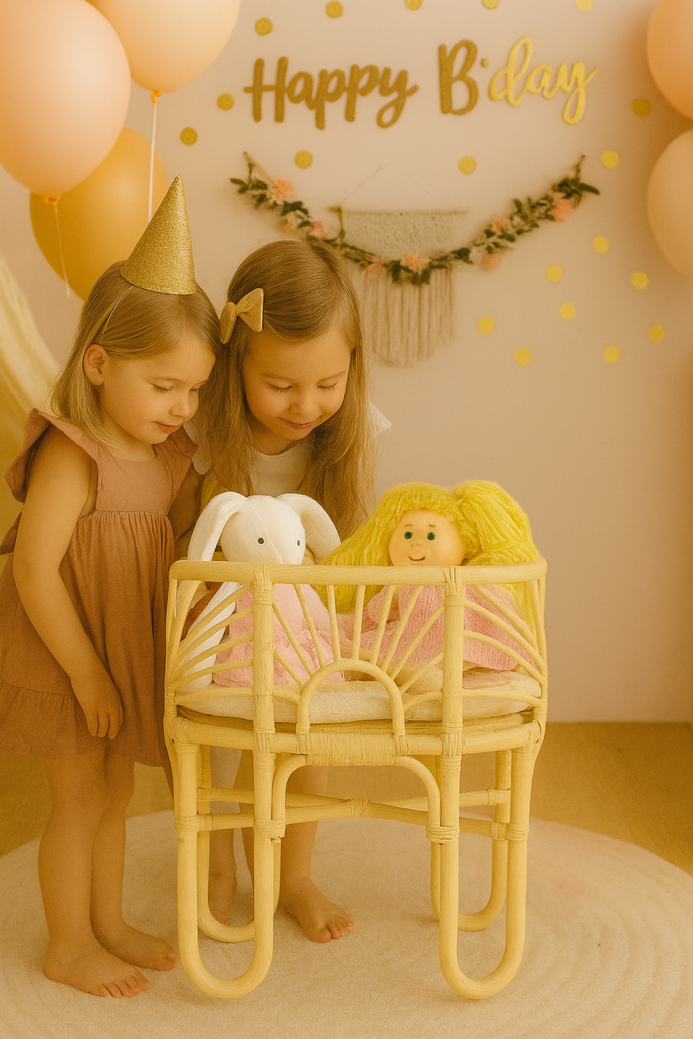 Lullaby Rattan Pretend Play Doll Crib – Handmade Toy Bassinet for Girls Toys