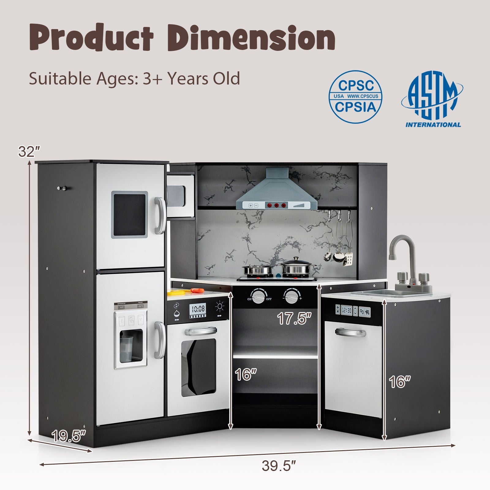 GBruno Kids Corner Pretend Kitchen Playset with Separated Washing Basin-Coffee