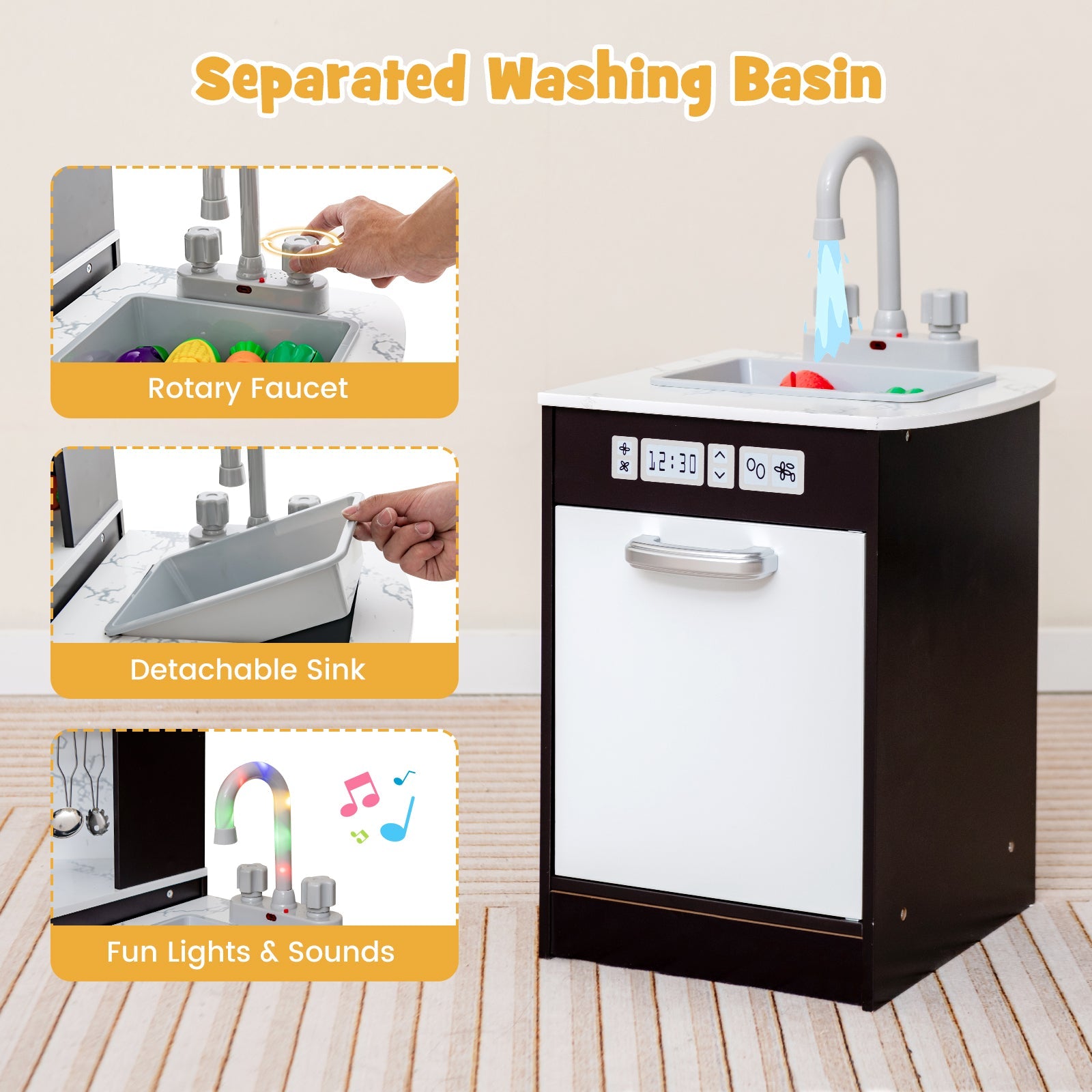 GBruno Kids Corner Pretend Kitchen Playset with Separated Washing Basin-Coffee