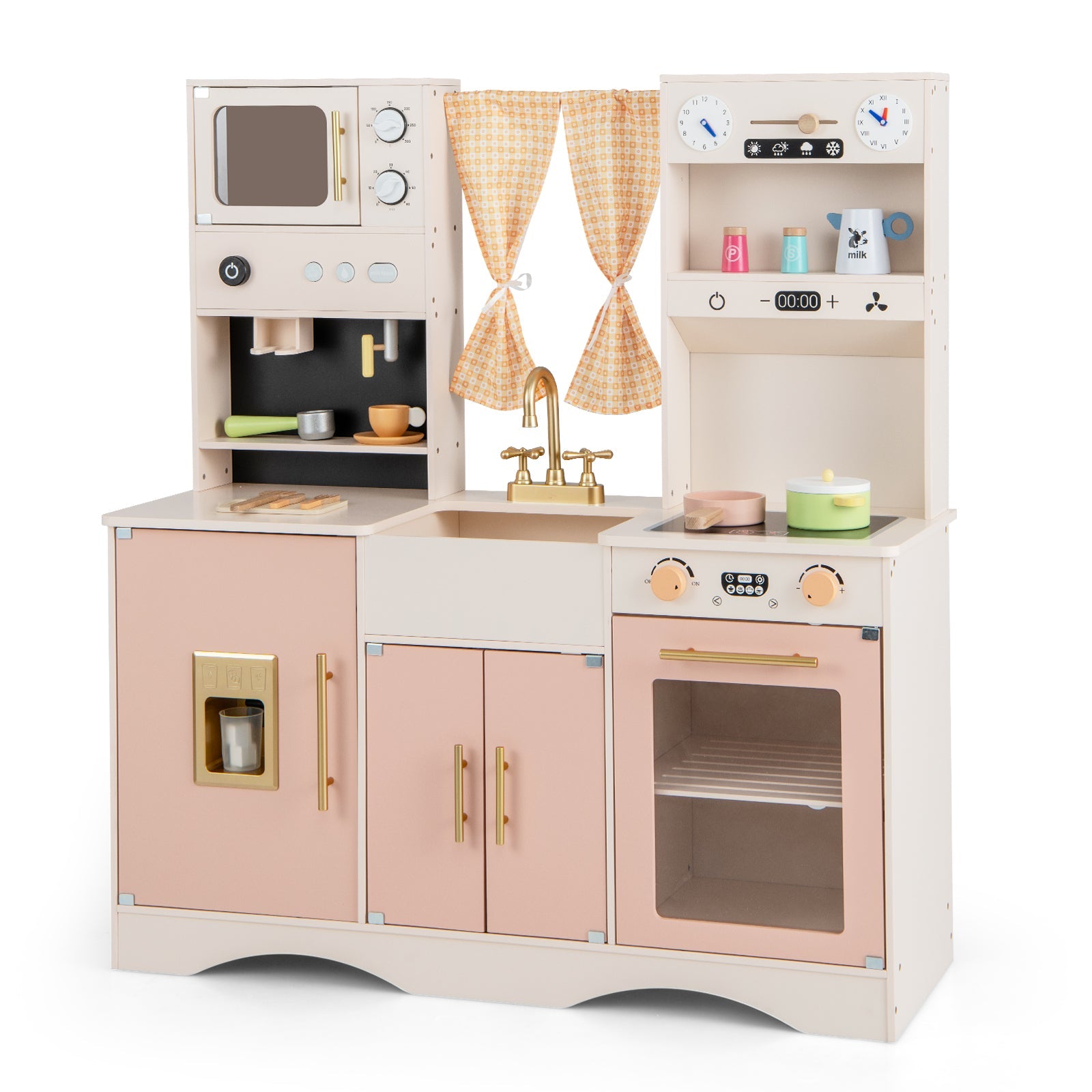 GBruno Kids Kitchen Playset with Microwave and Coffee Maker for Ages 3+-Pink