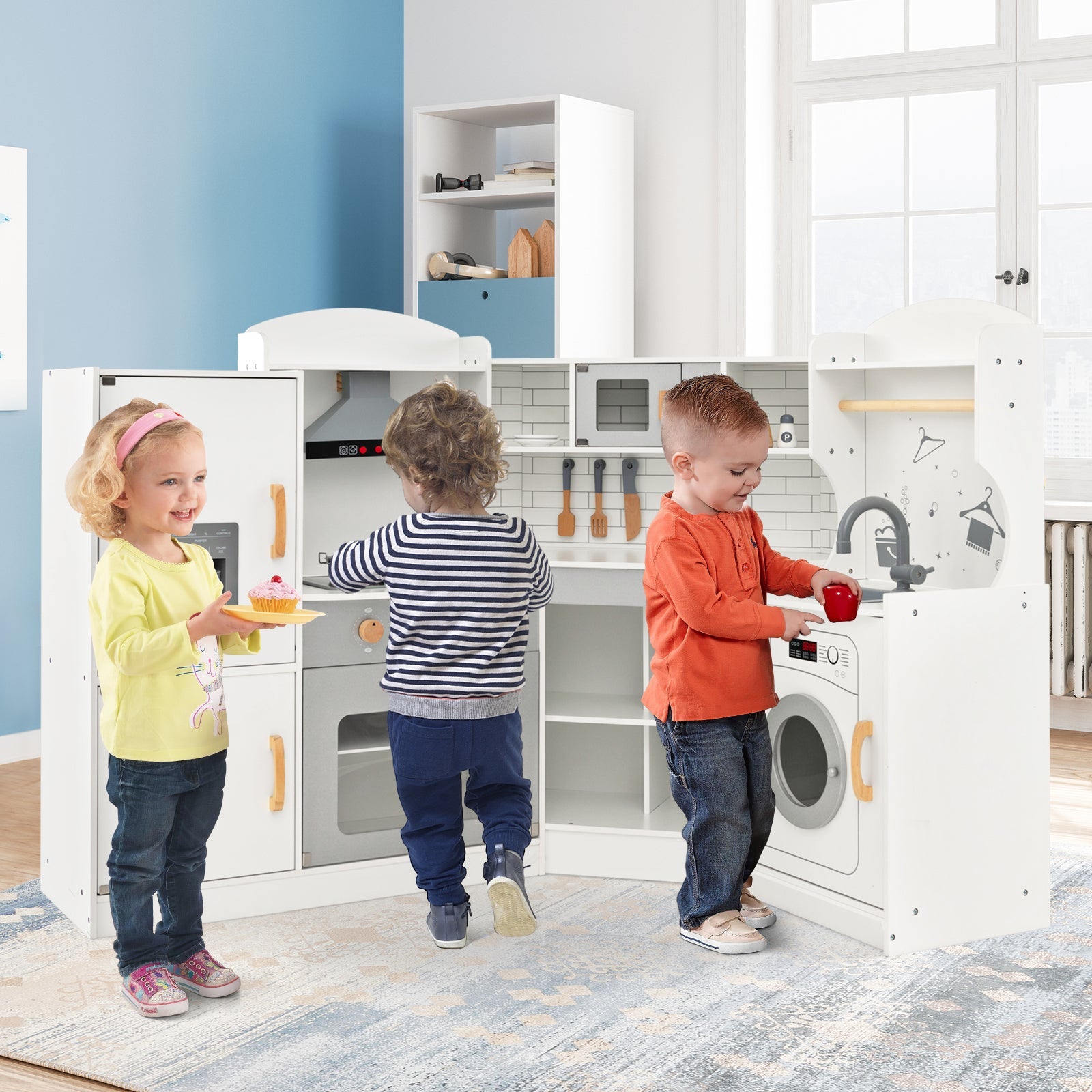 GBruno Corner Kids Play Kitchen with Washing Machine and Ice Maker Gift for Boys Girls-White