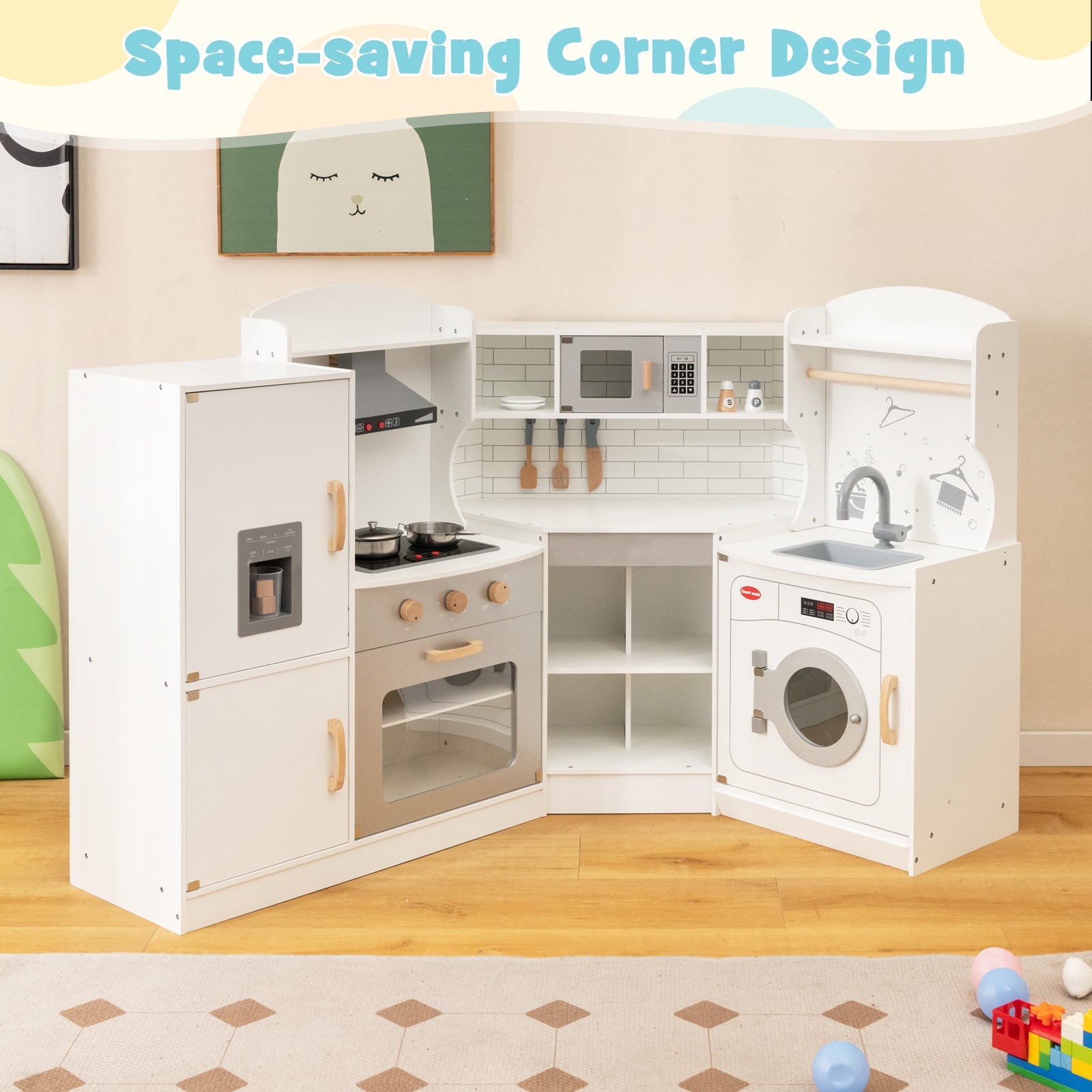 GBruno Corner Kids Play Kitchen with Washing Machine and Ice Maker Gift for Boys Girls-White