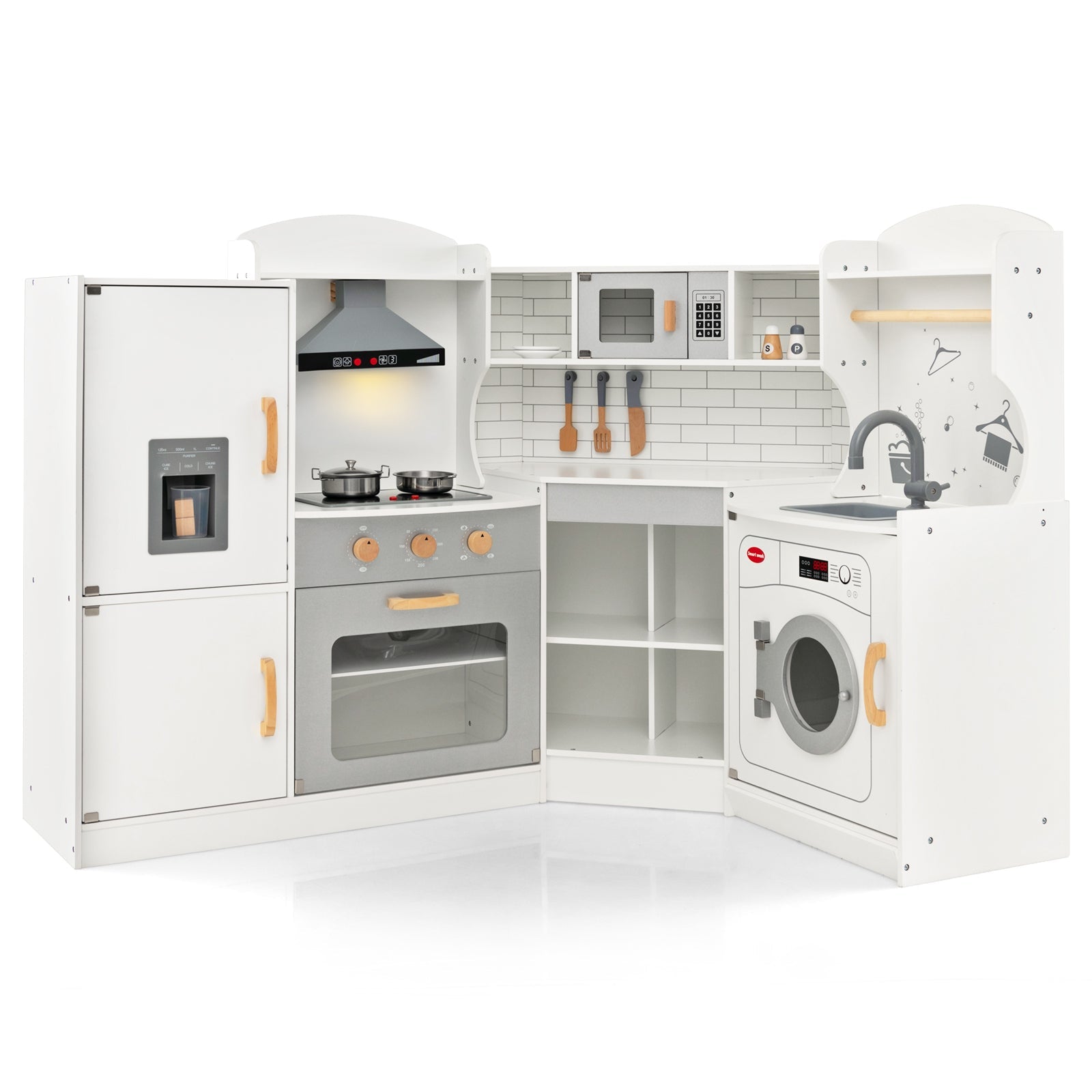 GBruno Corner Kids Play Kitchen with Washing Machine and Ice Maker Gift for Boys Girls-White