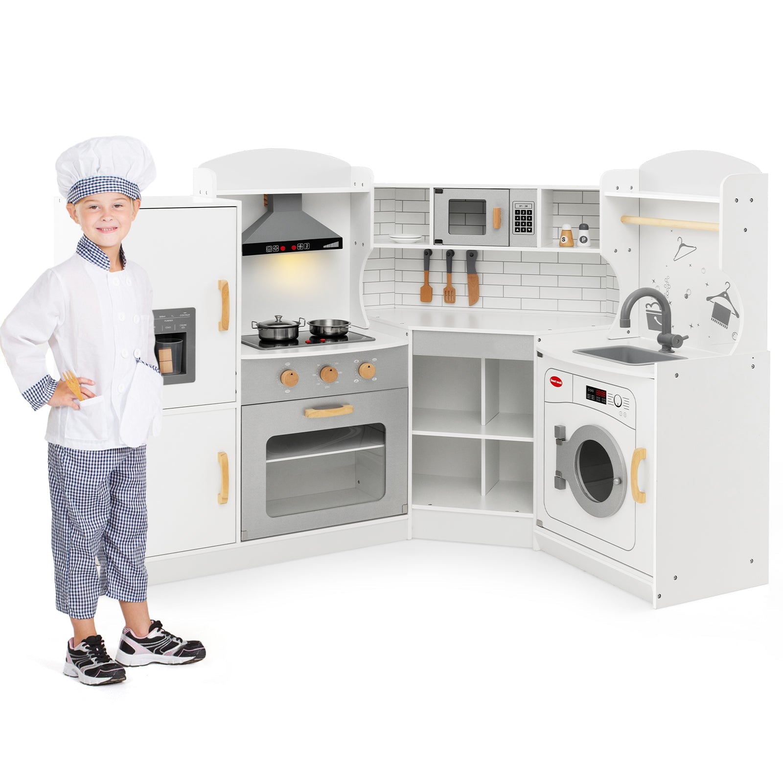 GBruno Corner Kids Play Kitchen with Washing Machine and Ice Maker Gift for Boys Girls-White