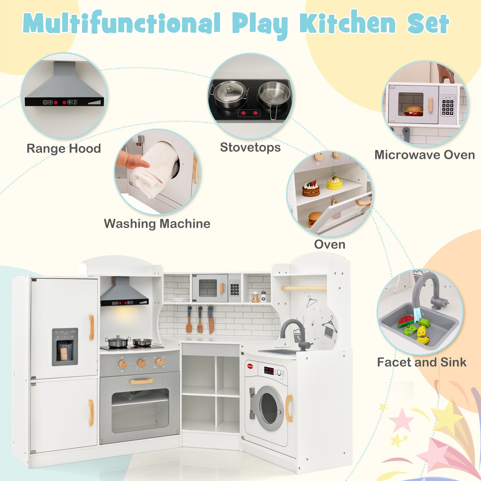 GBruno Corner Kids Play Kitchen with Washing Machine and Ice Maker Gift for Boys Girls-White