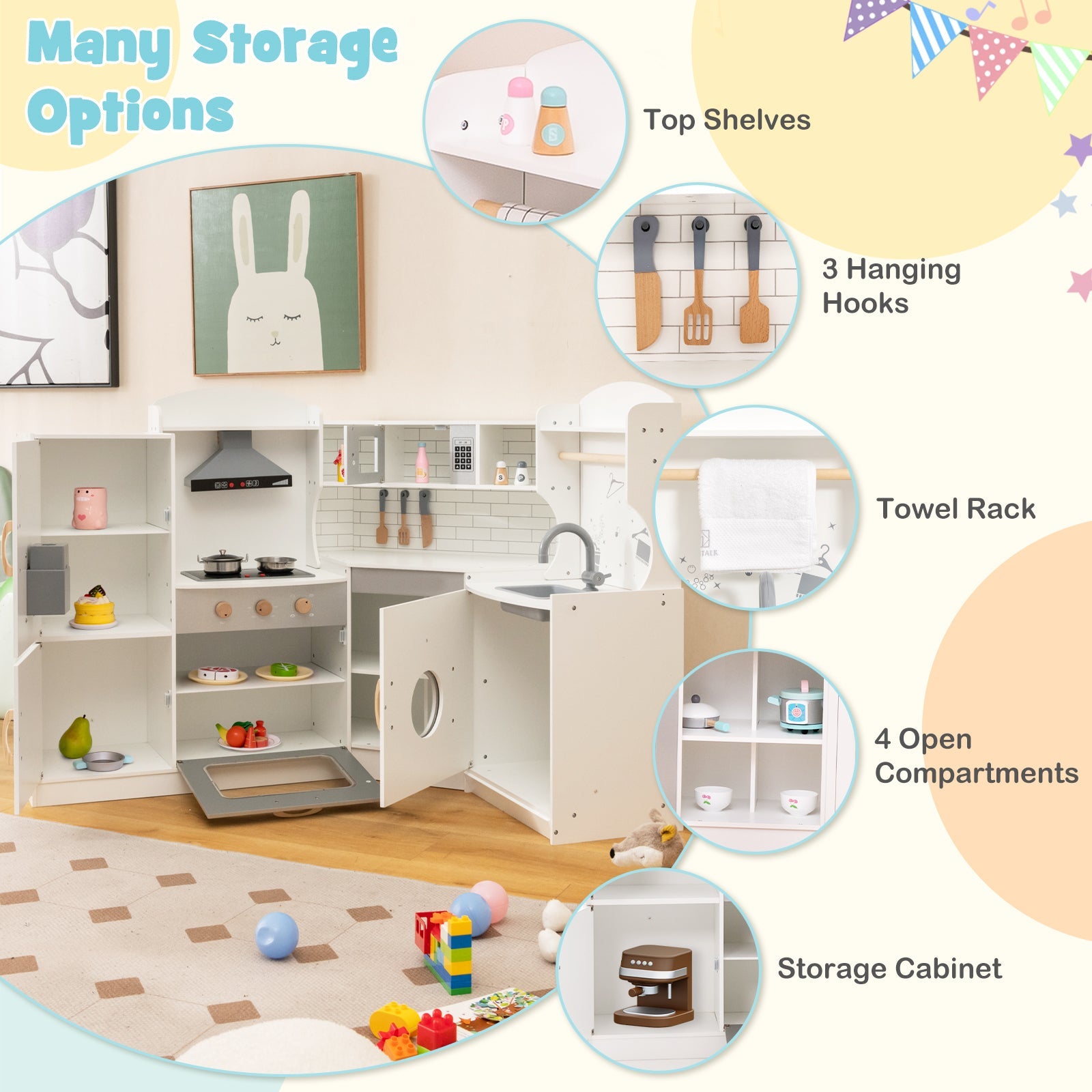 GBruno Corner Kids Play Kitchen with Washing Machine and Ice Maker Gift for Boys Girls-White