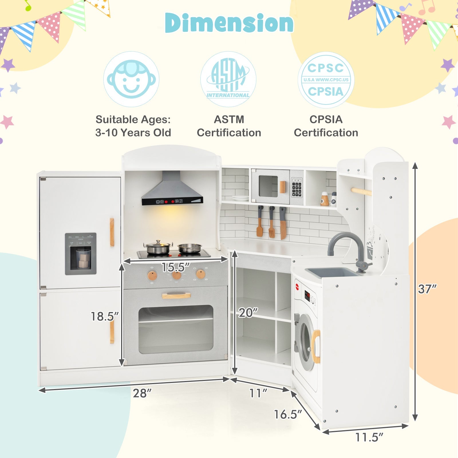 GBruno Corner Kids Play Kitchen with Washing Machine and Ice Maker Gift for Boys Girls-White