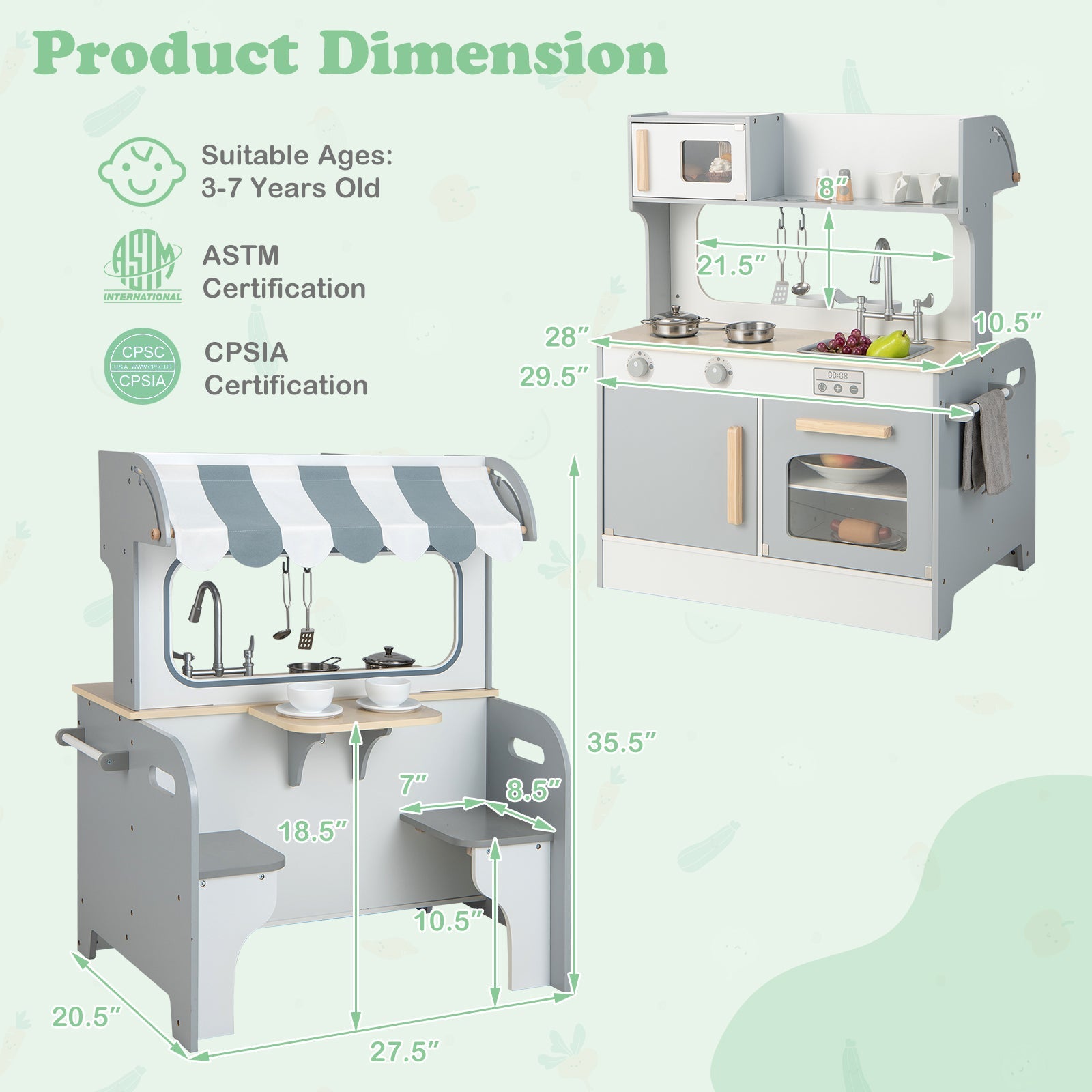 GBruno Double Sided Kids Pretend Kitchen Playset with 2-Seat Cafe-Gray