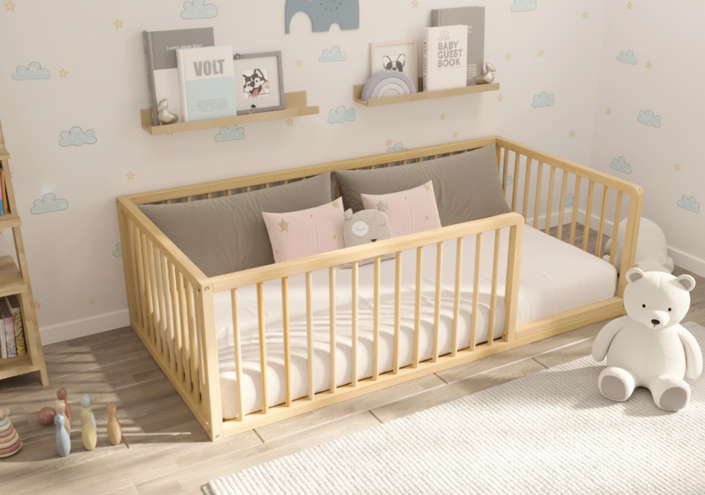 Avero - Montessori Floor Bed with Railings and Curved Corners