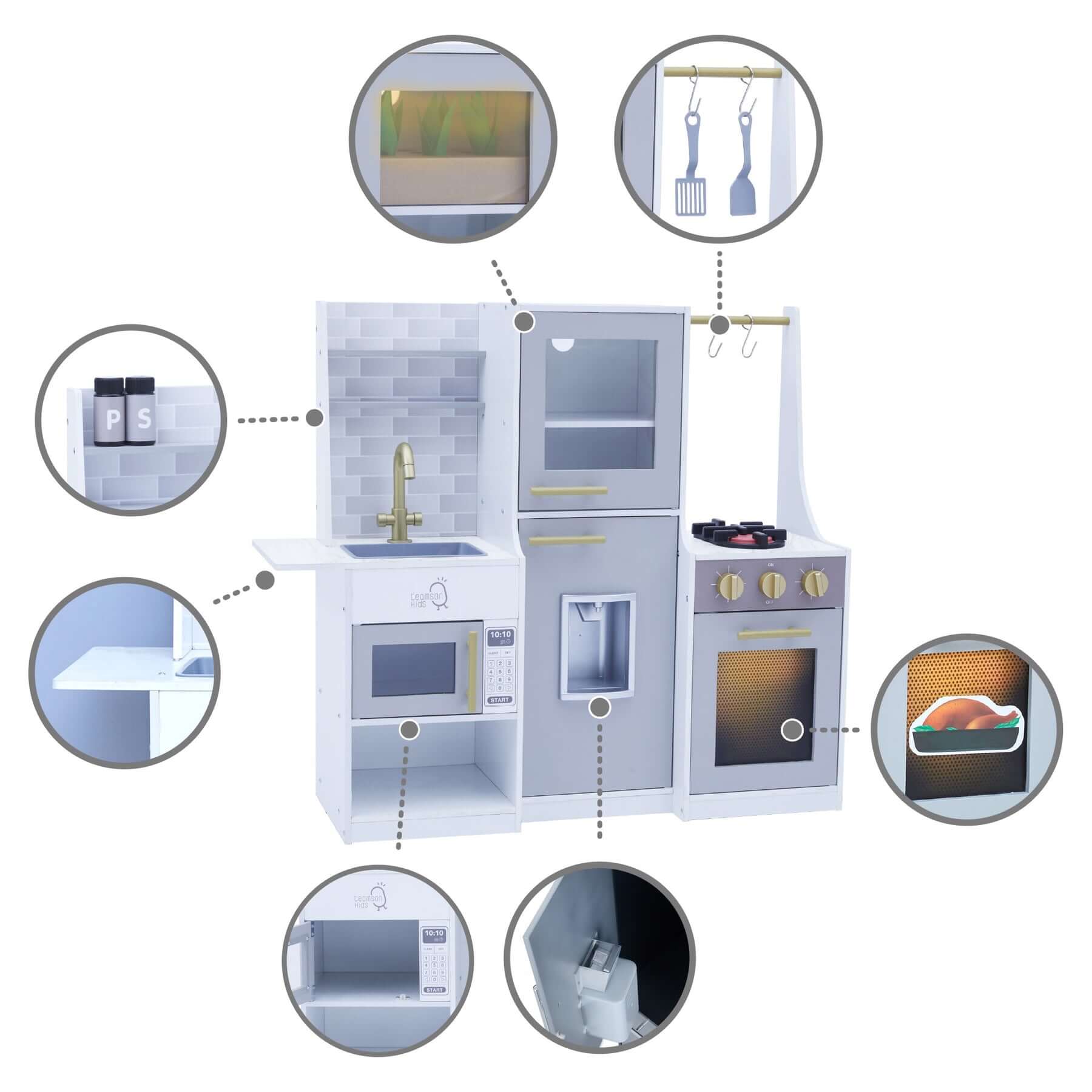 Little Chef Lyon Complete Wooden Kitchen Set with Hydroponic Garden, Refrigerator and Accessories, Gray TD-13627A details