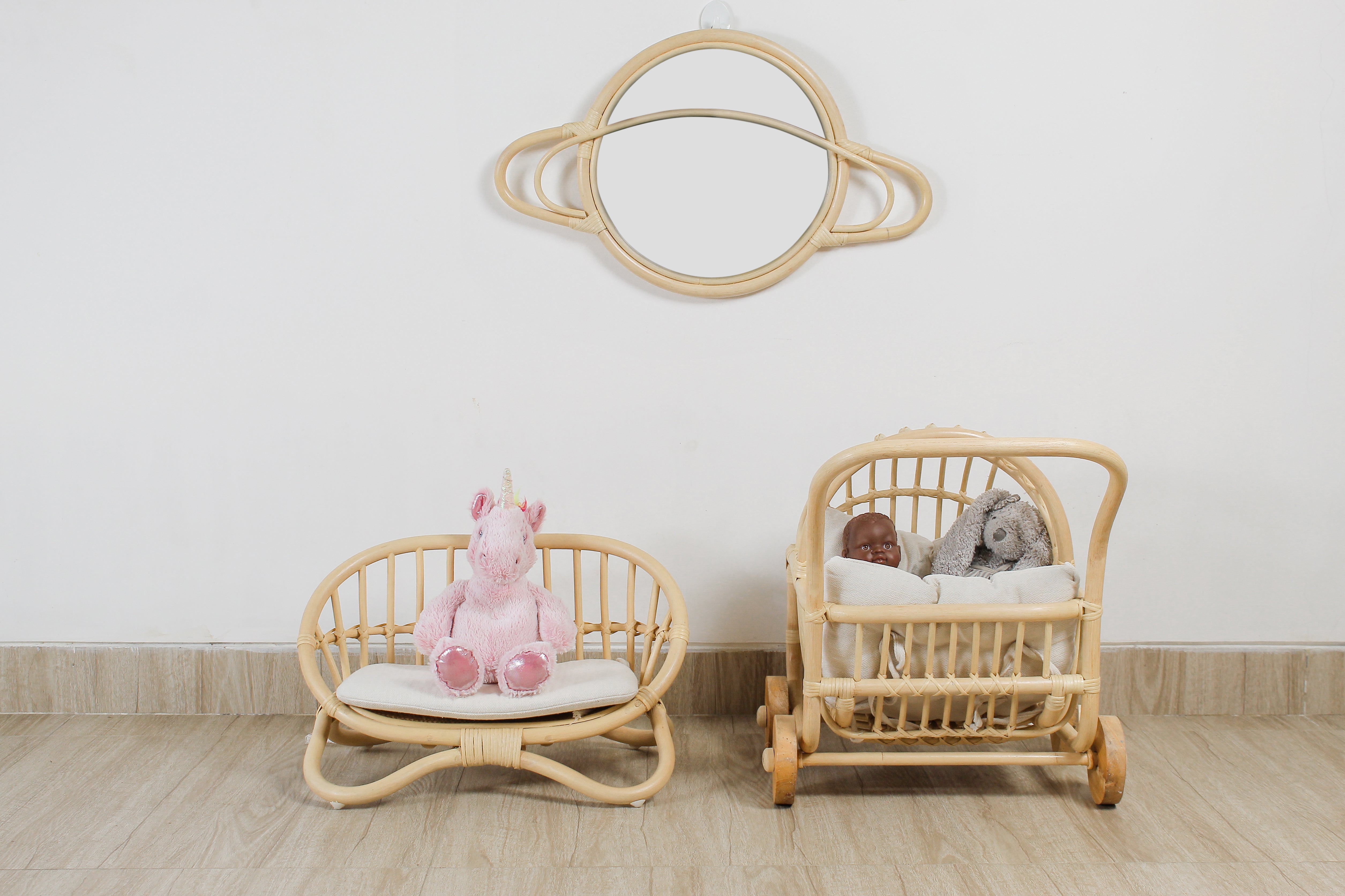 Lullaby Rattan Rattan Doll Stroller – Handmade Boho Doll Pram for Imaginative Play
