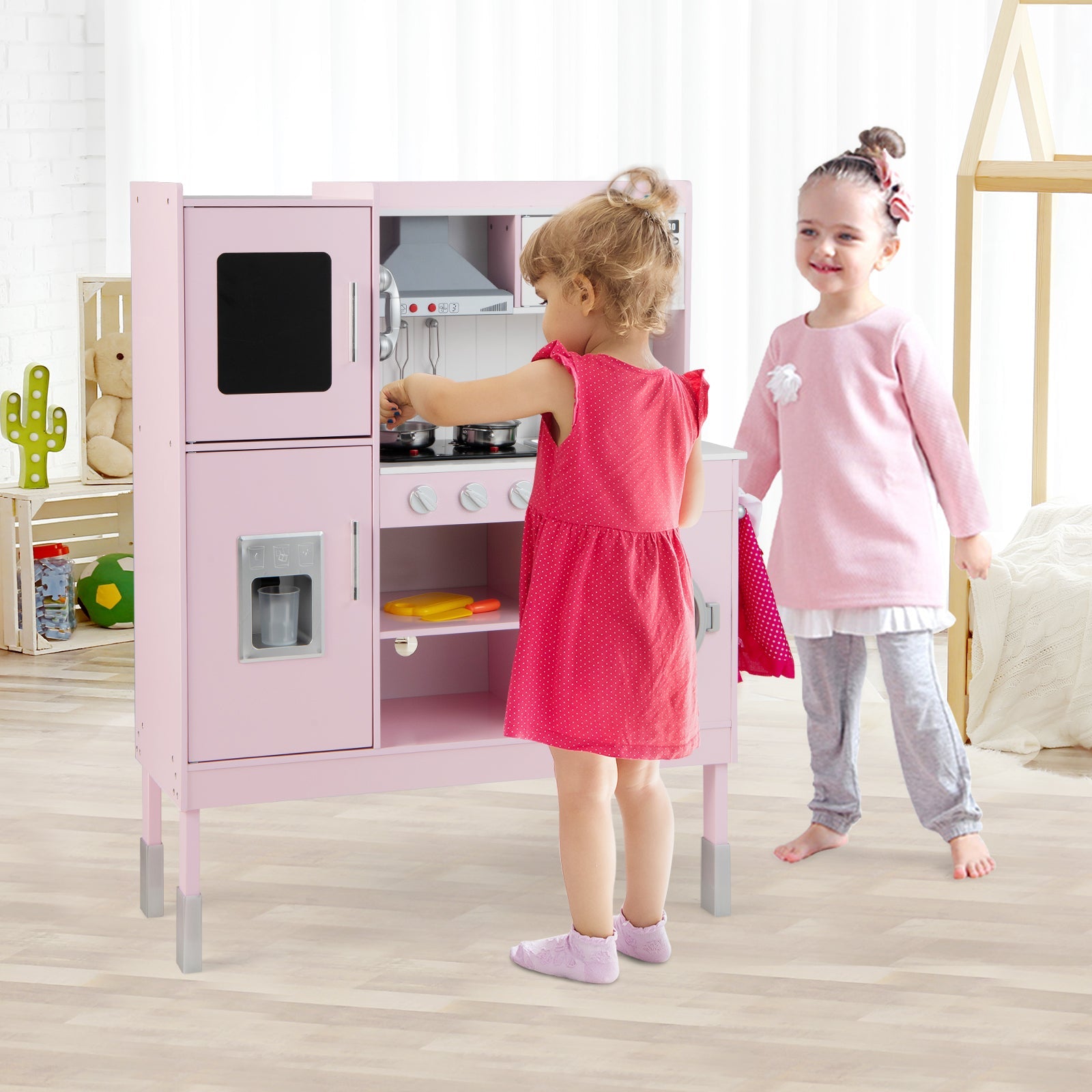 GBruno Pretend Play Kitchen for Kids with 16 Pieces Accessories-Pink
