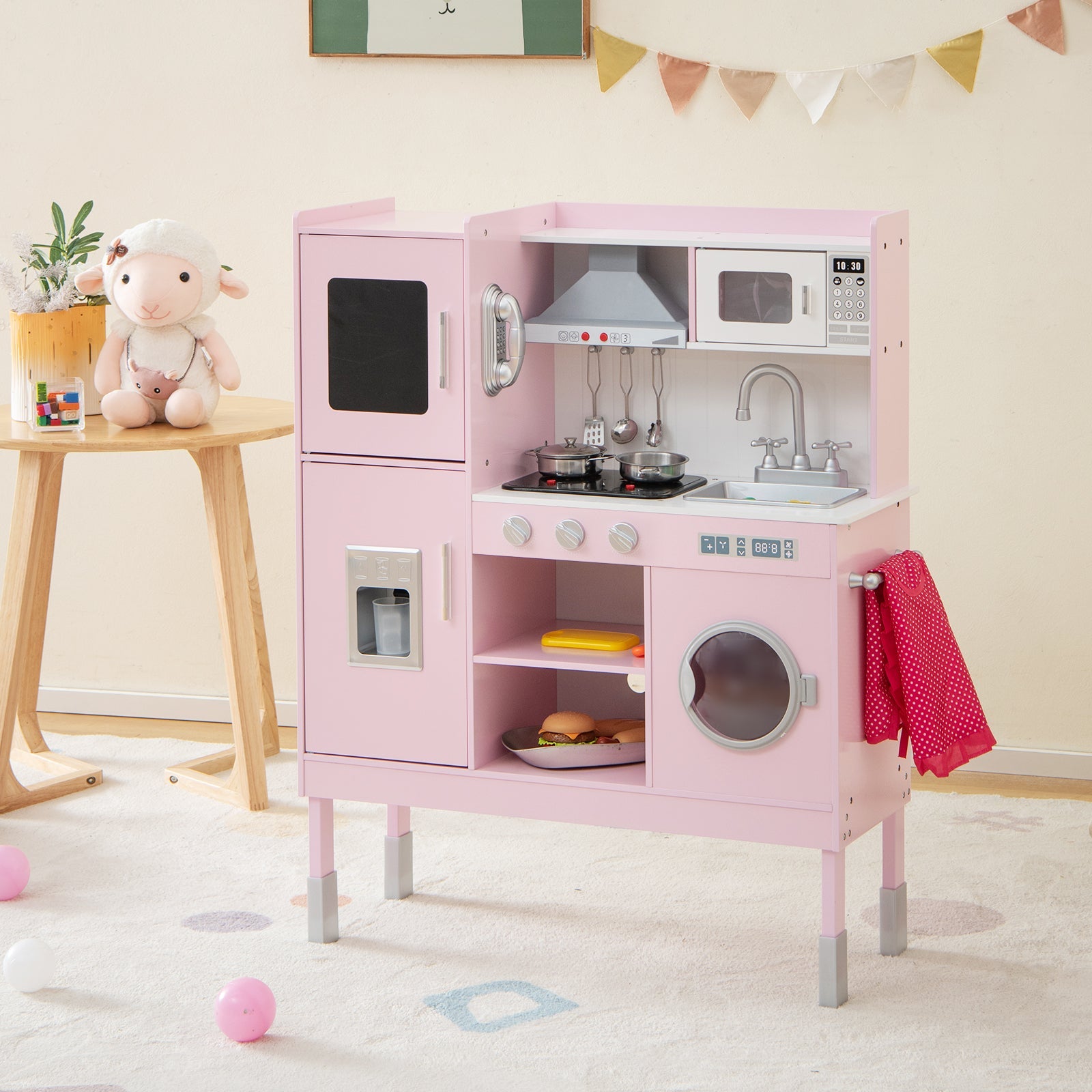 GBruno Pretend Play Kitchen for Kids with 16 Pieces Accessories-Pink