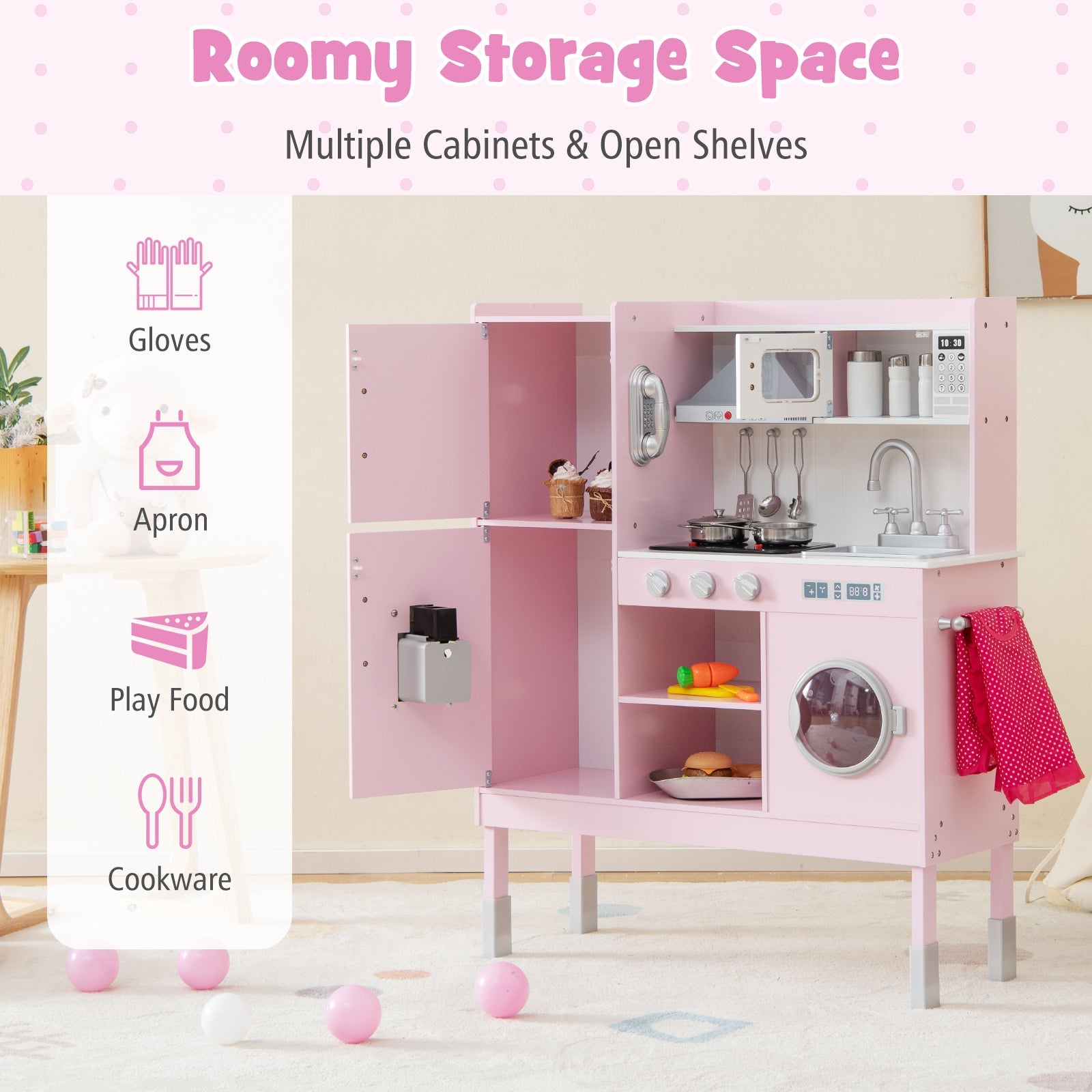 GBruno Pretend Play Kitchen for Kids with 16 Pieces Accessories-Pink
