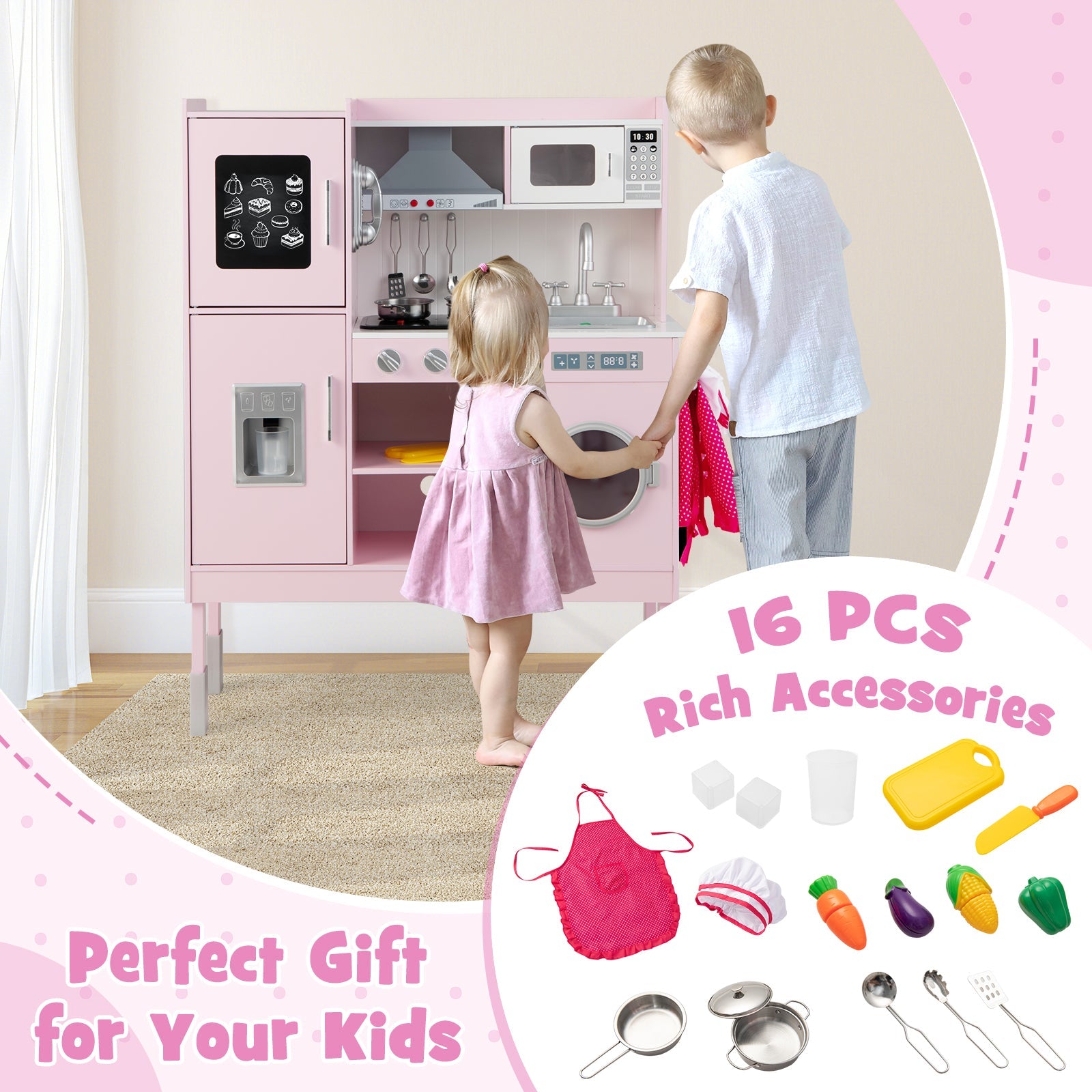 GBruno Pretend Play Kitchen for Kids with 16 Pieces Accessories-Pink