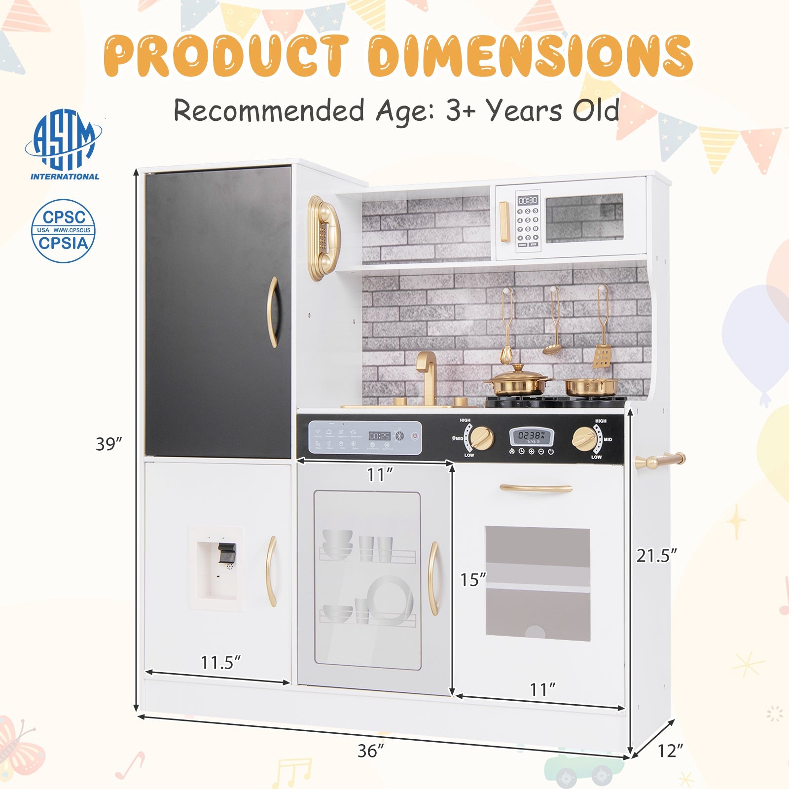 GBruno Pretend Play Kitchen with Utensils for Kids Aged 3+-White
