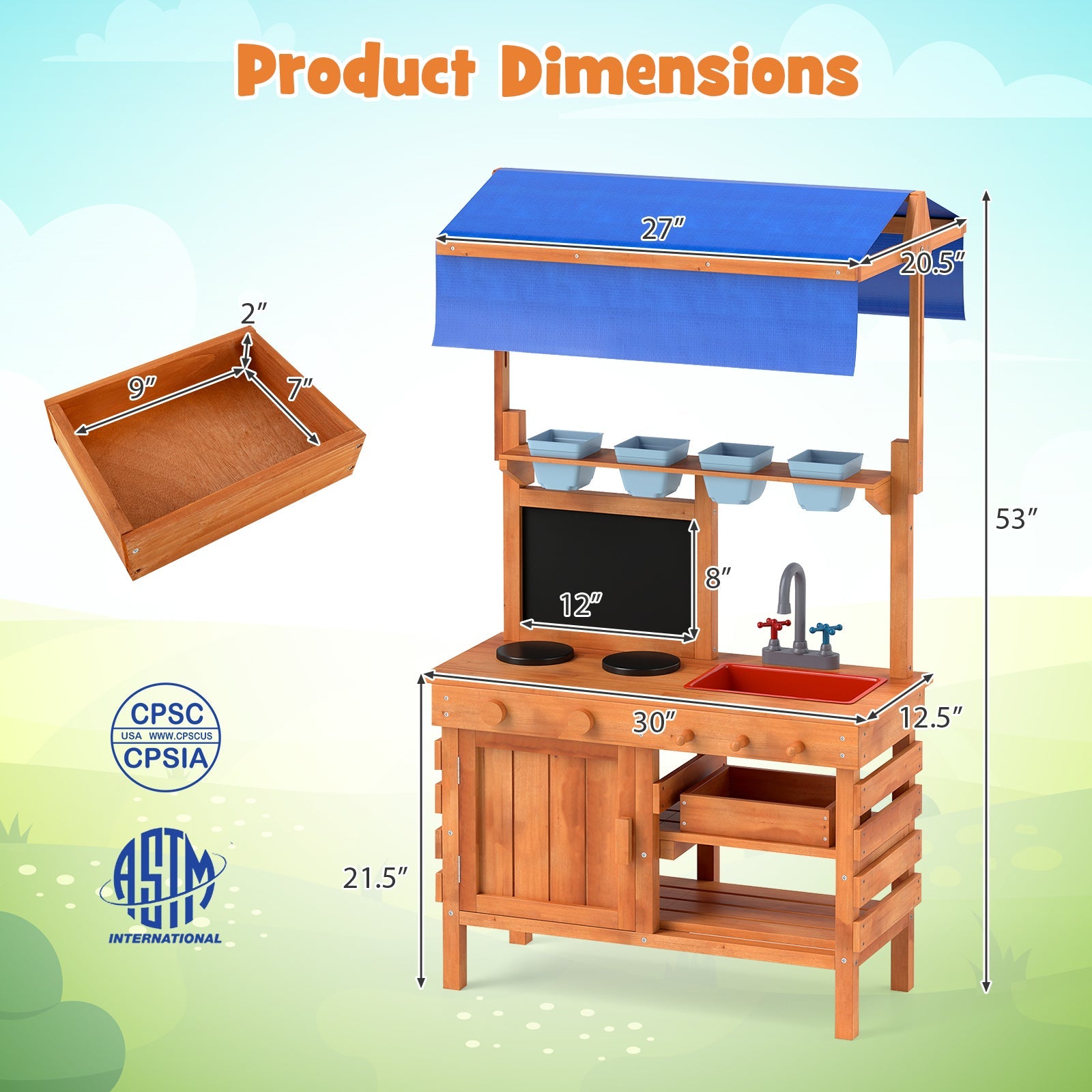 GBruno Wooden Pretend Play Kitchen with Height Adjustable Canopy for Kids-Natural