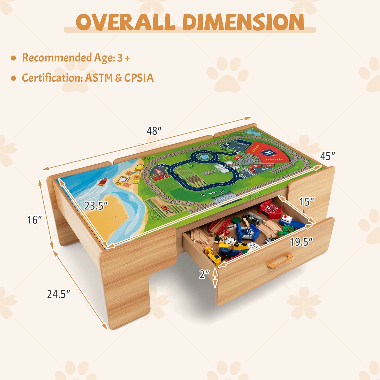 GBruno Kids Double-Sided Wooden Train Table Playset with Storage Drawer