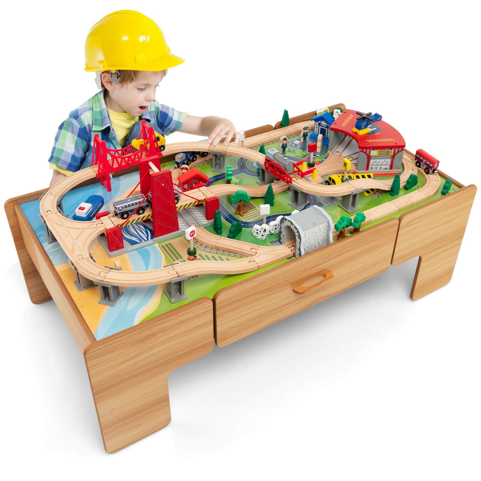 GBruno Kids Double-Sided Wooden Train Table Playset with Storage Drawer
