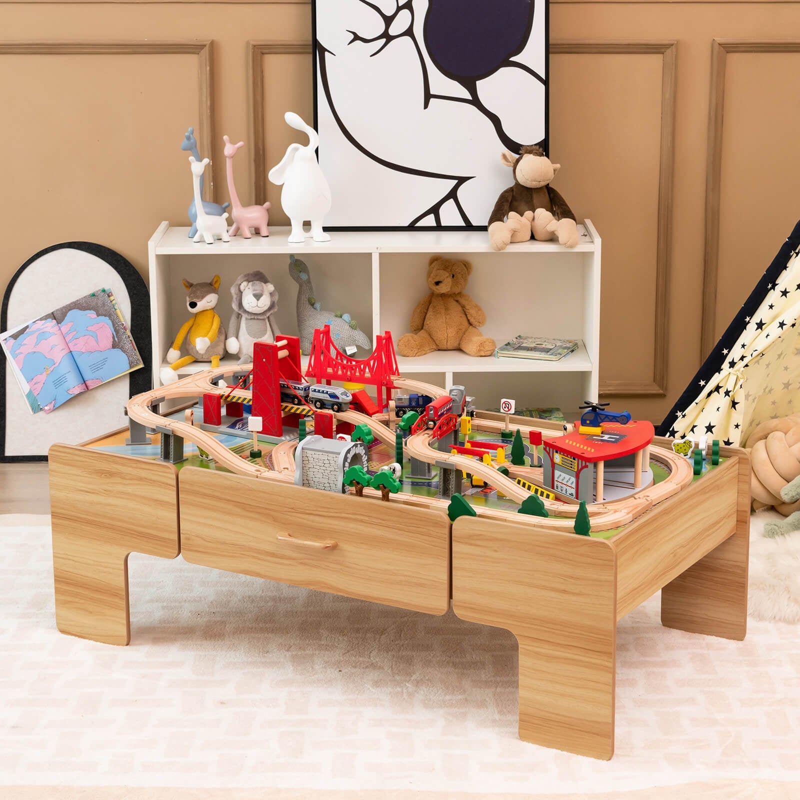 GBruno Kids Double-Sided Wooden Train Table Playset with Storage Drawer
