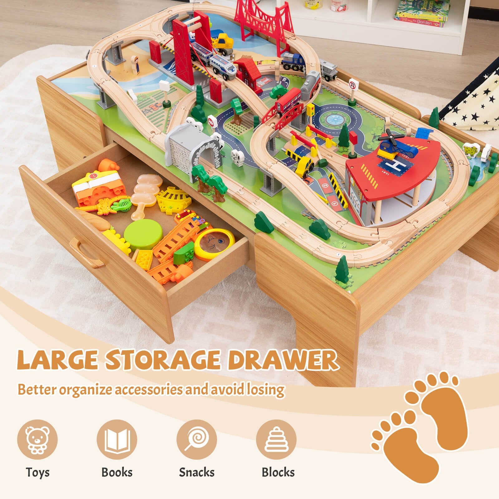 GBruno Kids Double-Sided Wooden Train Table Playset with Storage Drawer