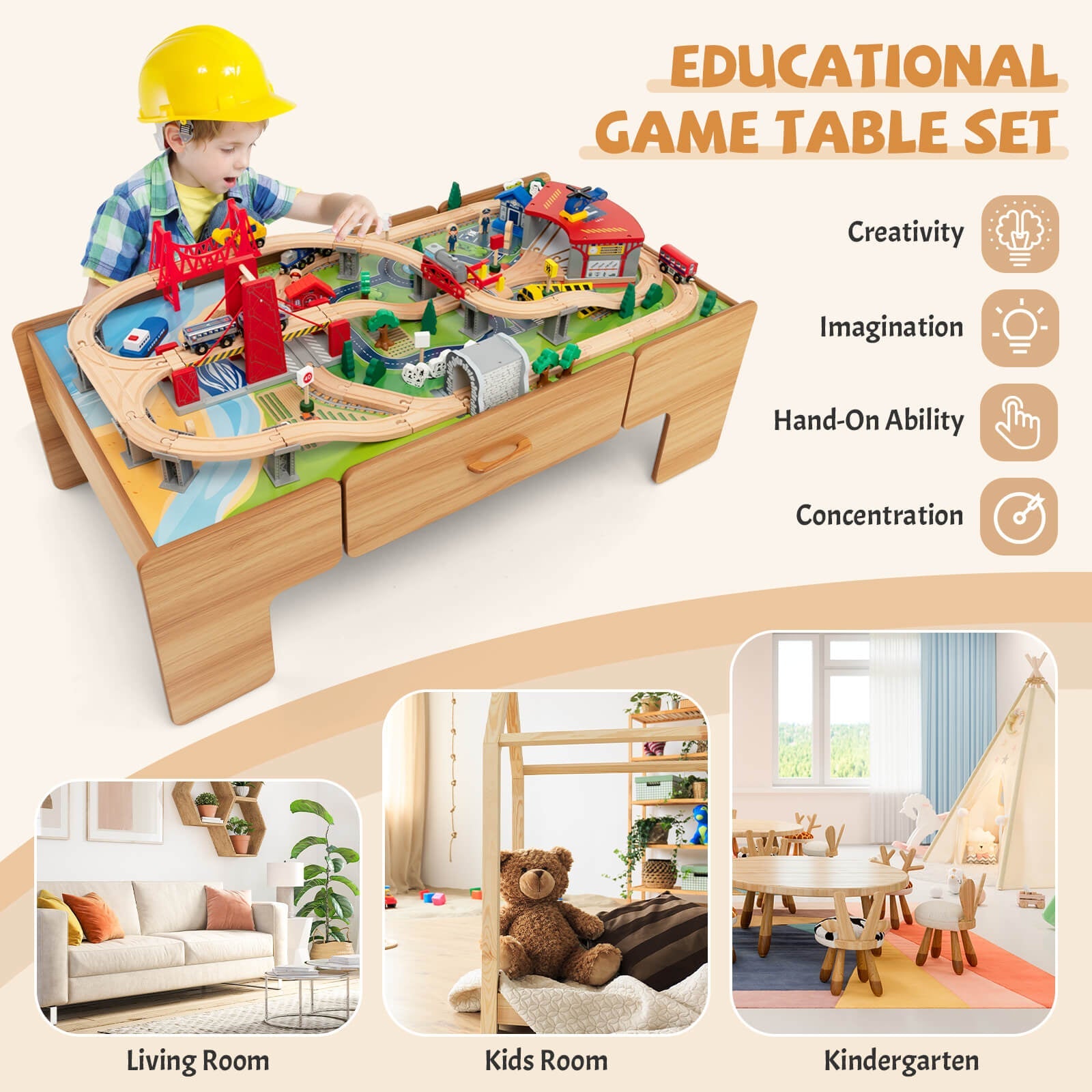 GBruno Kids Double-Sided Wooden Train Table Playset with Storage Drawer