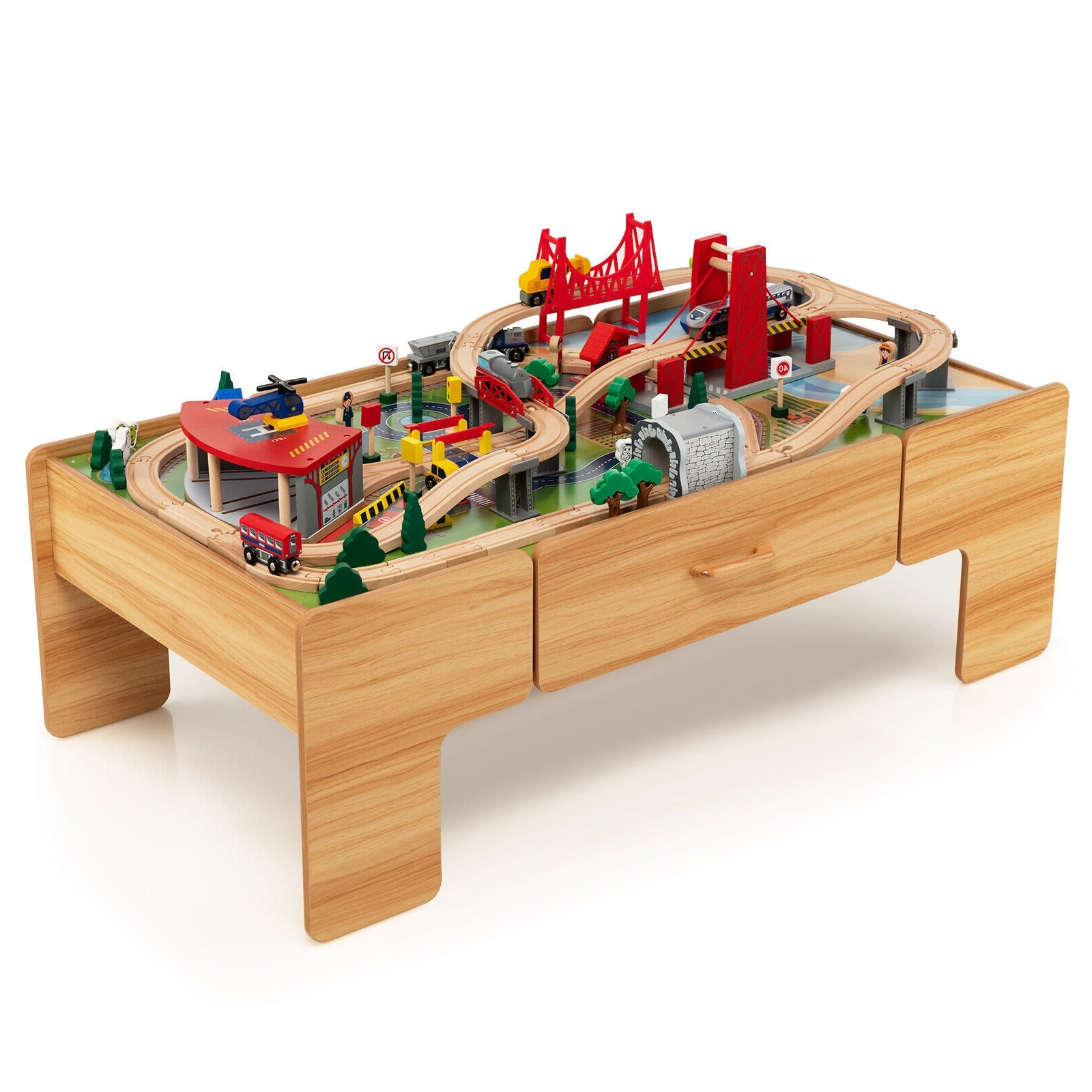 GBruno Kids Double-Sided Wooden Train Table Playset with Storage Drawer