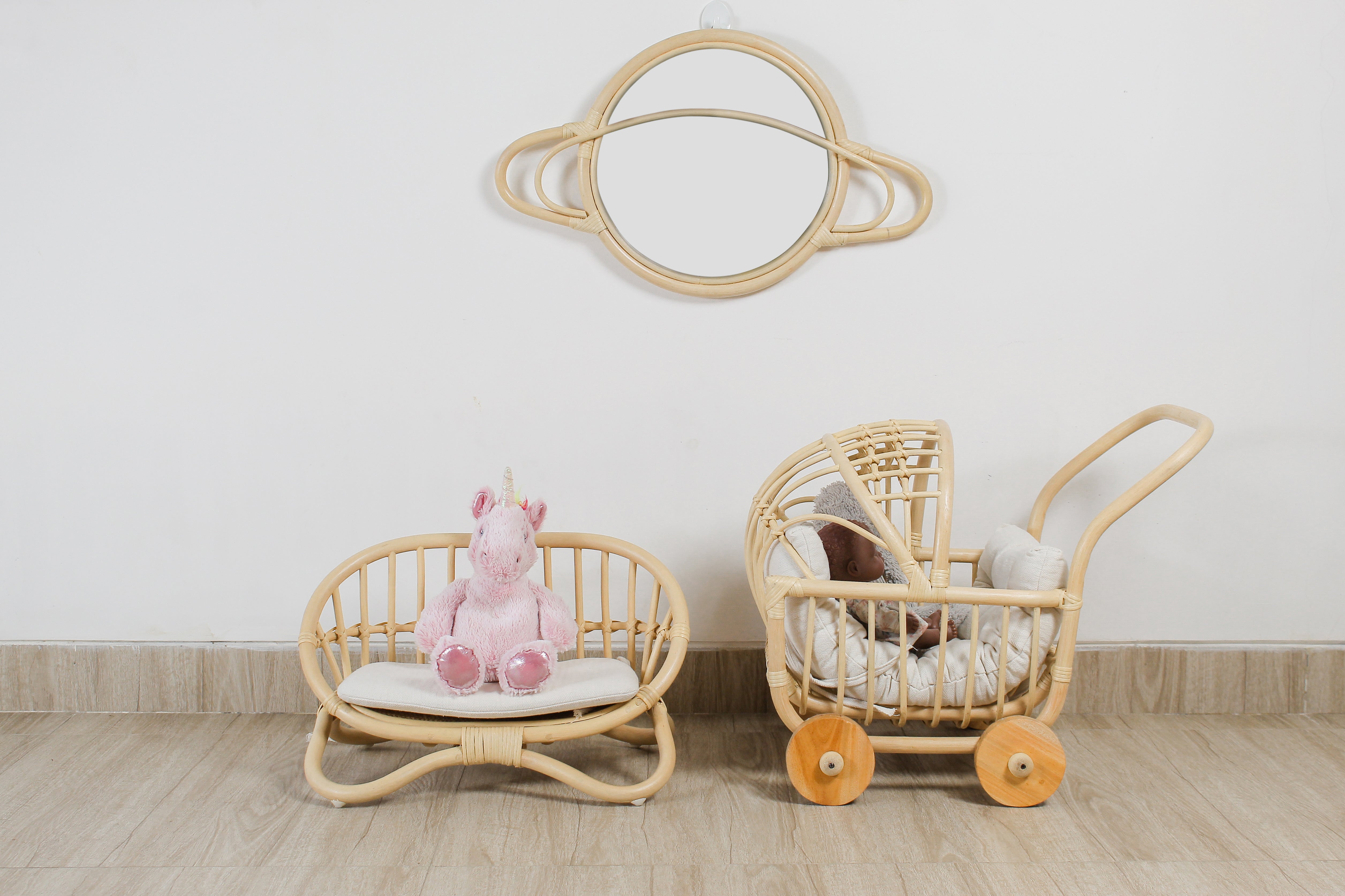 Lullaby Rattan Rattan Doll Stroller – Handmade Boho Doll Pram for Imaginative Play