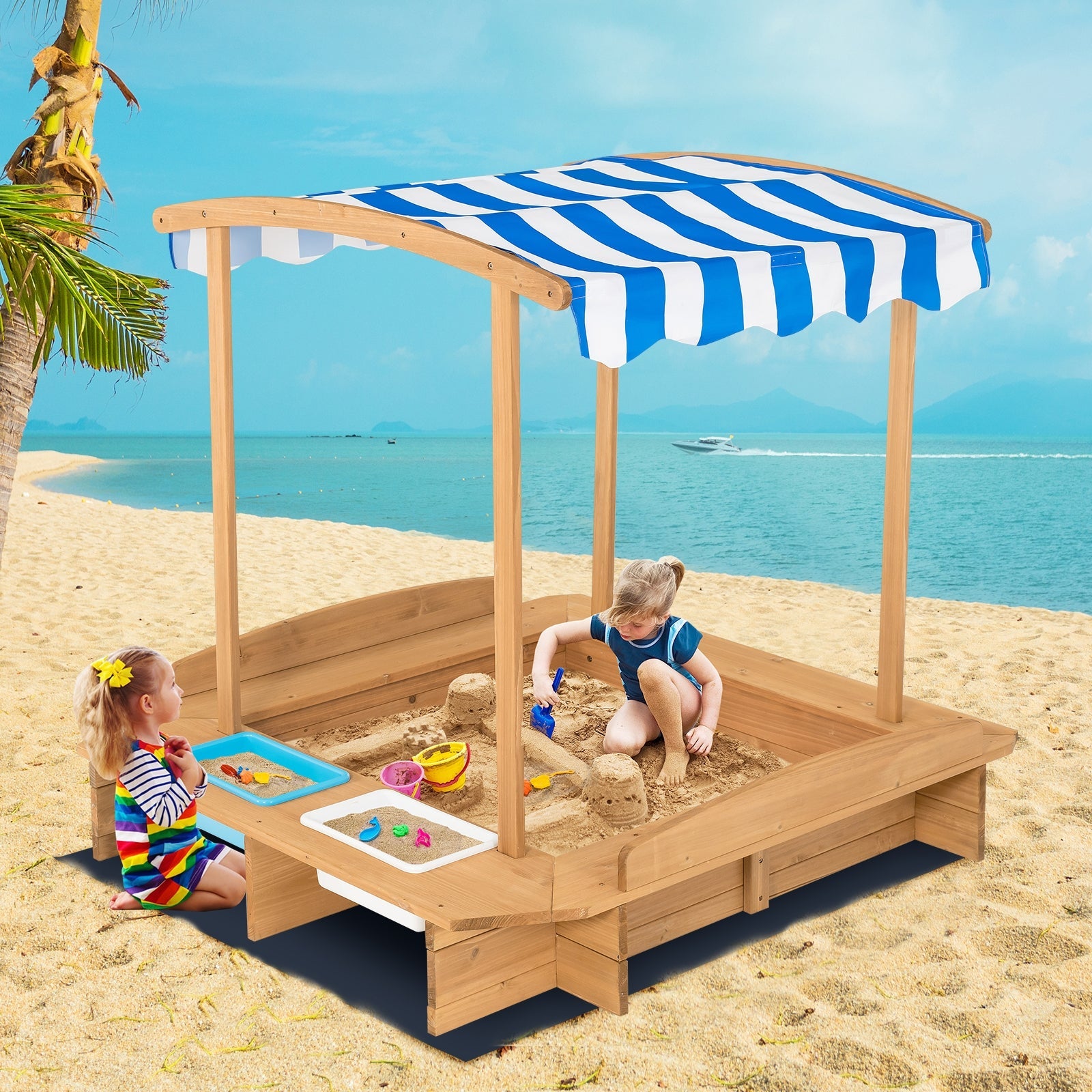 GBruno Kids Wooden Sandbox with Striped Canopy