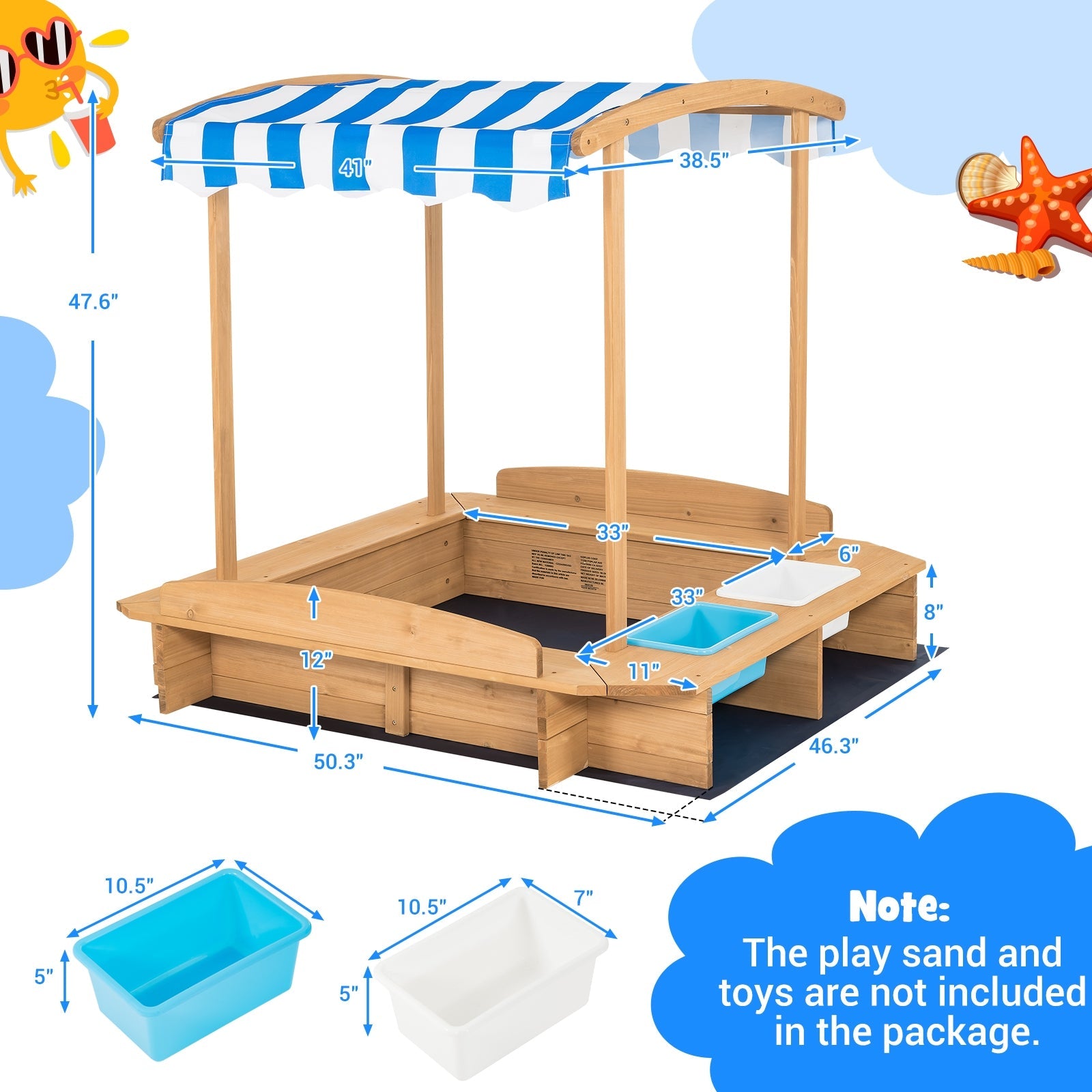 GBruno Kids Wooden Sandbox with Striped Canopy