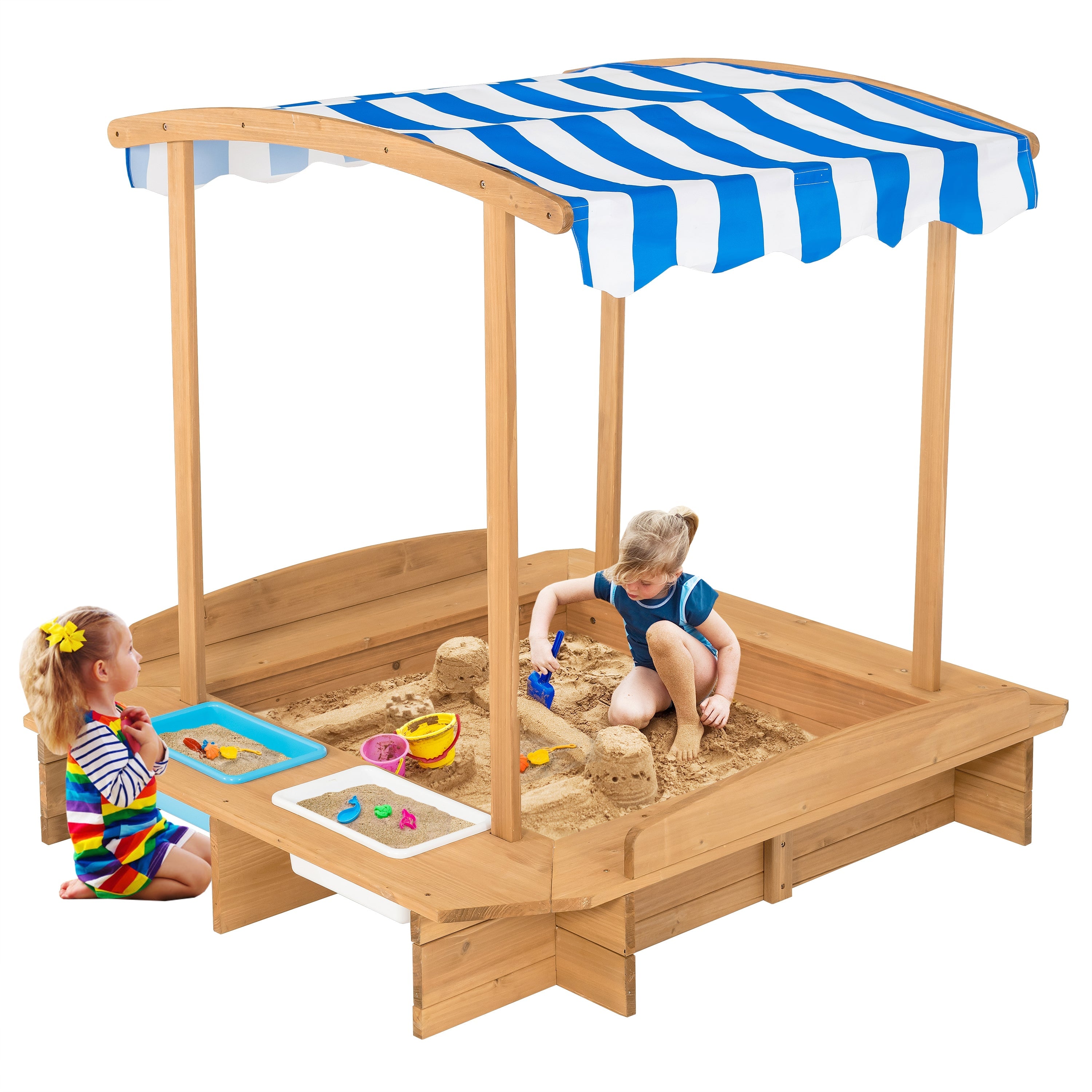 GBruno Kids Wooden Sandbox with Striped Canopy