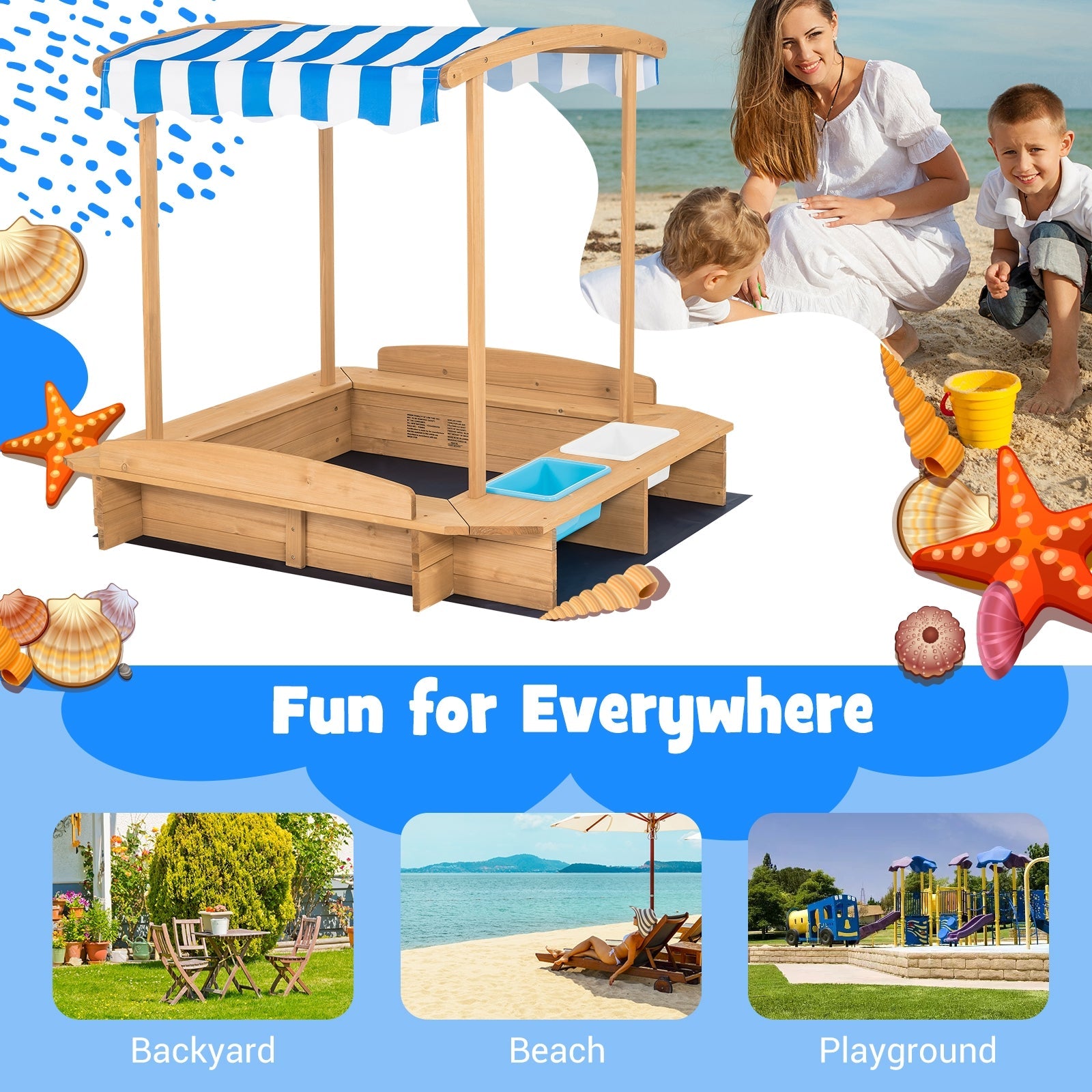 GBruno Kids Wooden Sandbox with Striped Canopy