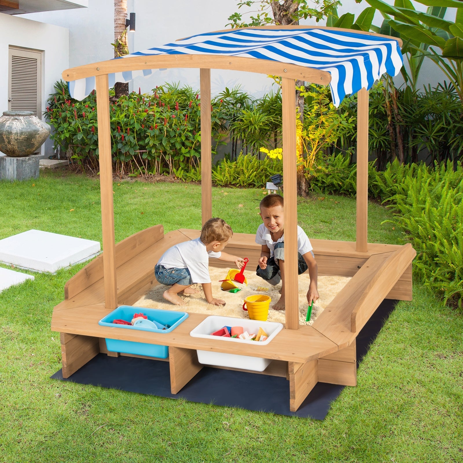 GBruno Kids Wooden Sandbox with Striped Canopy