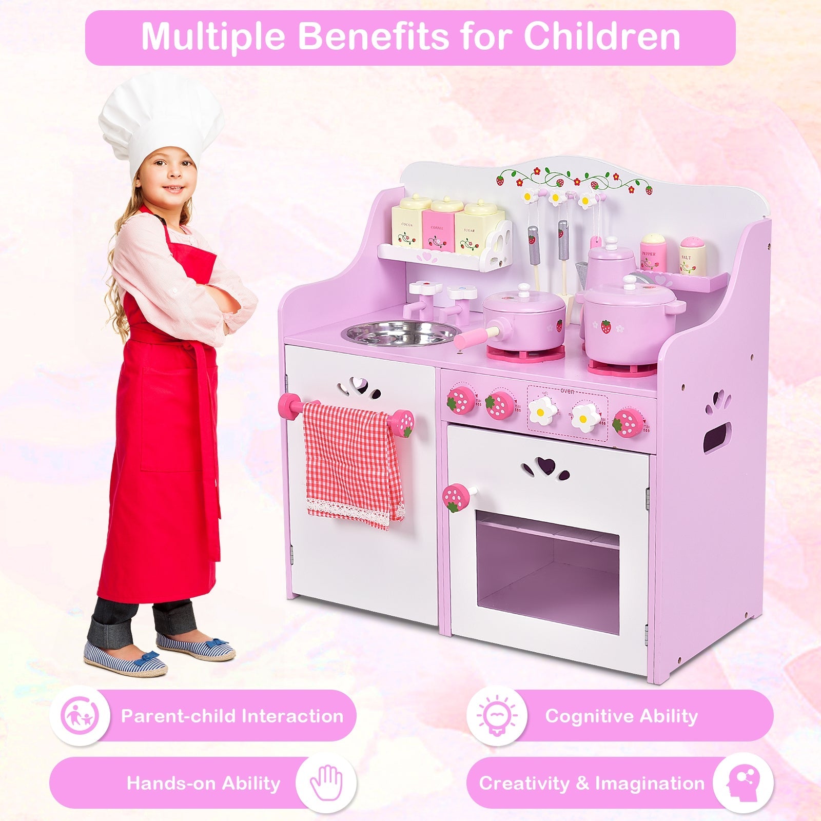 GBruno Kids Wooden Kitchen Toy Strawberry Pretend Cooking Playset